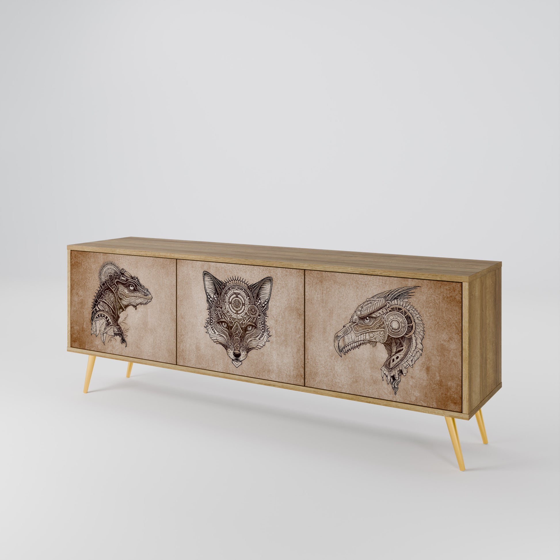 STEAMPUNK CLAN 3-Door TV Stand in Oak Effect
