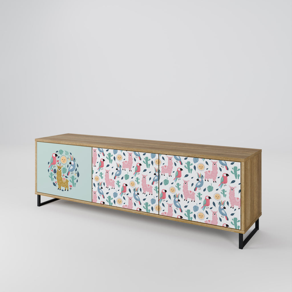 Mueble de TV de 3 puertas COLORFUL ALPACAS en efecto roble