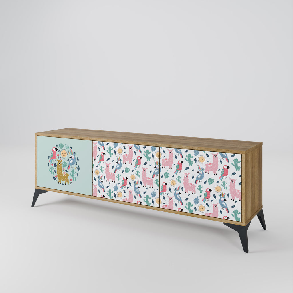 Mueble de TV de 3 puertas COLORFUL ALPACAS en efecto roble