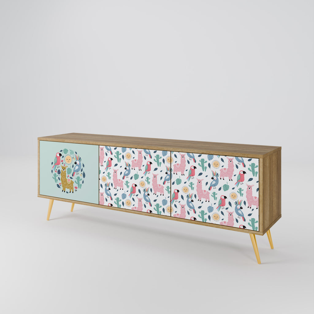 Mueble de TV de 3 puertas COLORFUL ALPACAS en efecto roble
