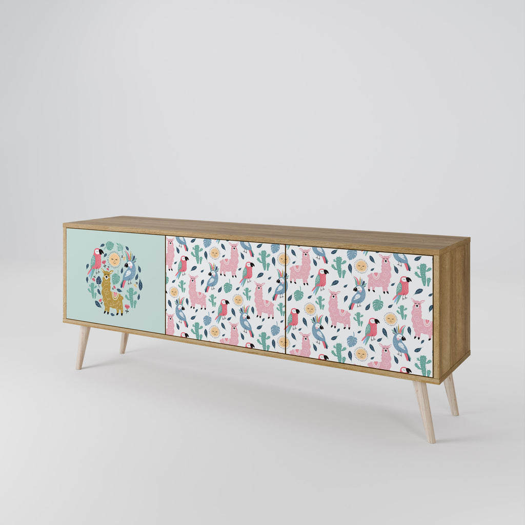 Mueble de TV de 3 puertas COLORFUL ALPACAS en efecto roble