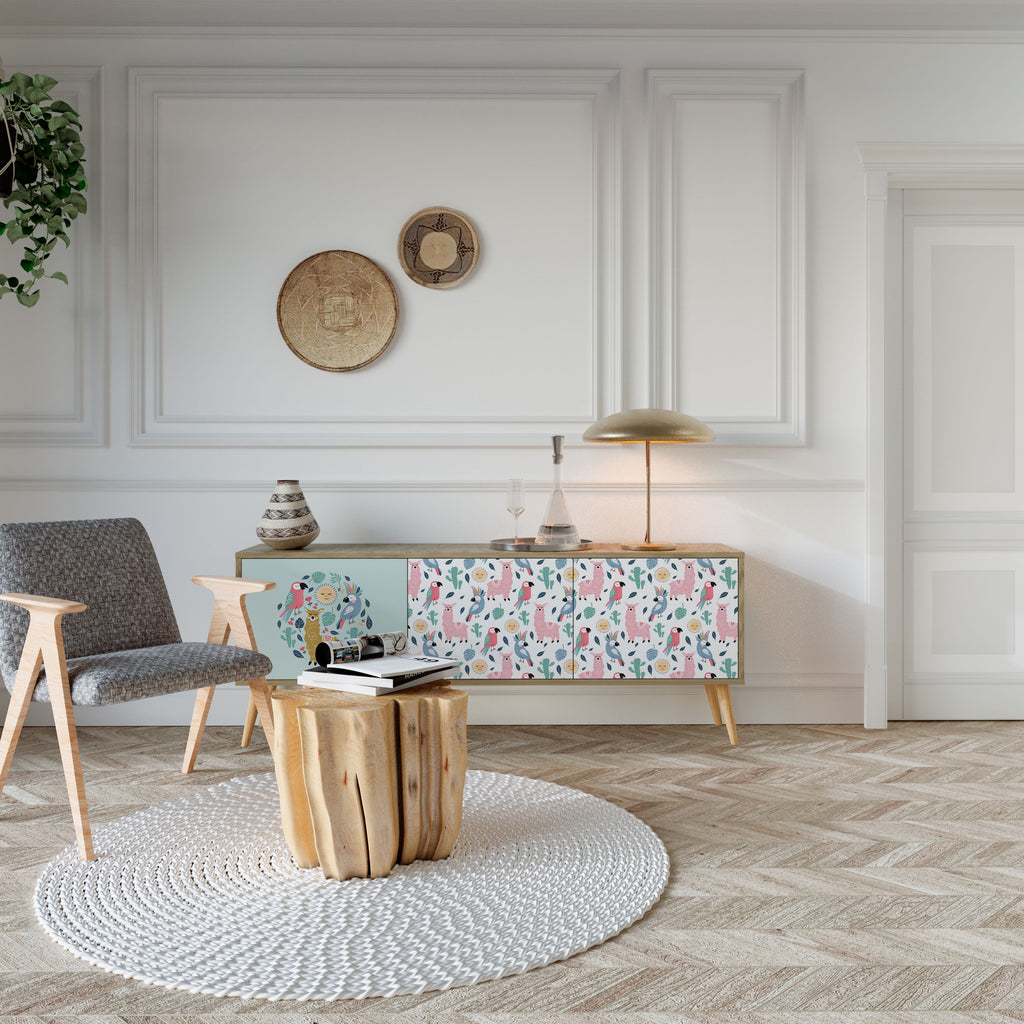 Mueble de TV de 3 puertas COLORFUL ALPACAS en efecto roble