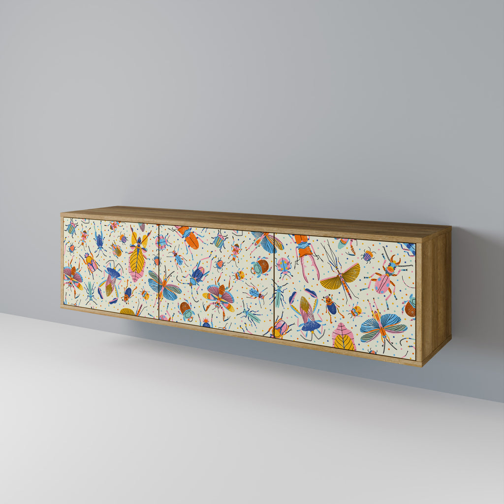 Mueble de TV de 3 puertas COLORFUL INSECTS en efecto roble