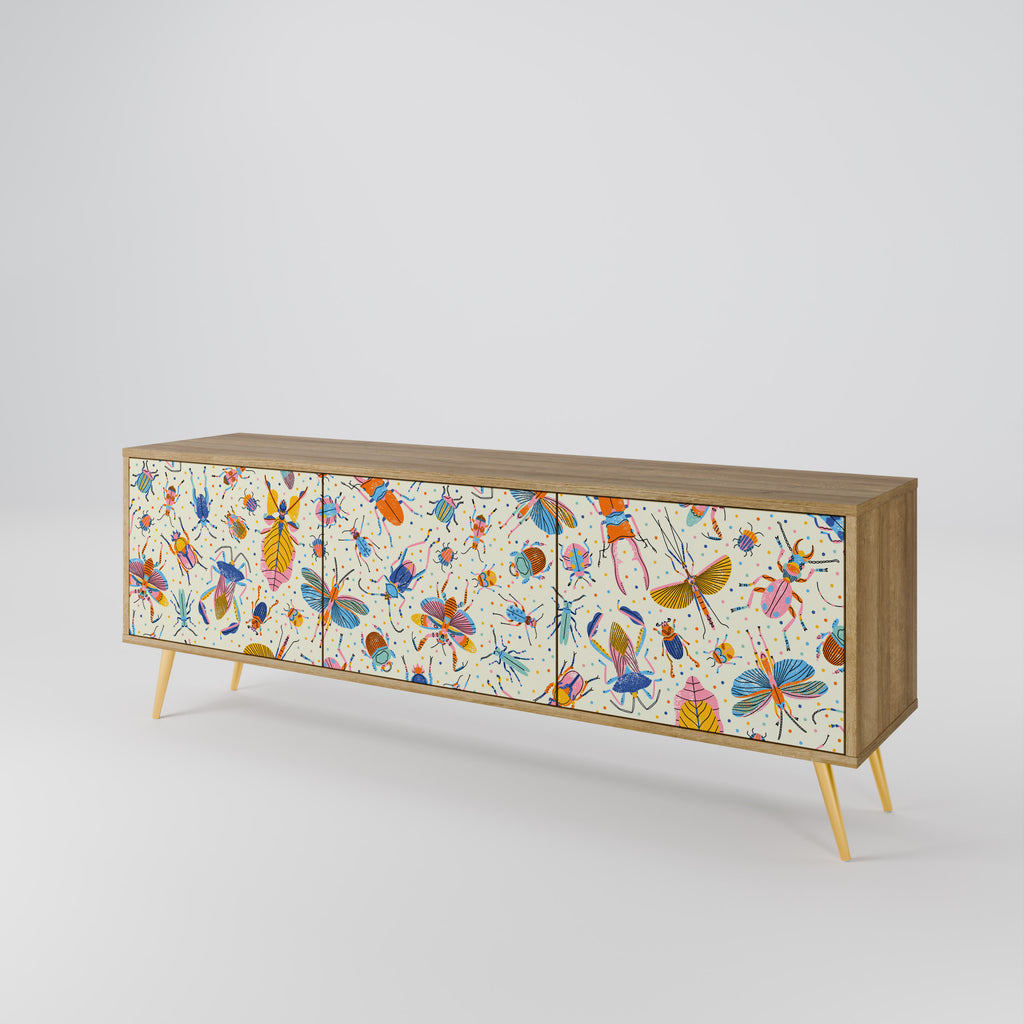 Mueble de TV de 3 puertas COLORFUL INSECTS en efecto roble