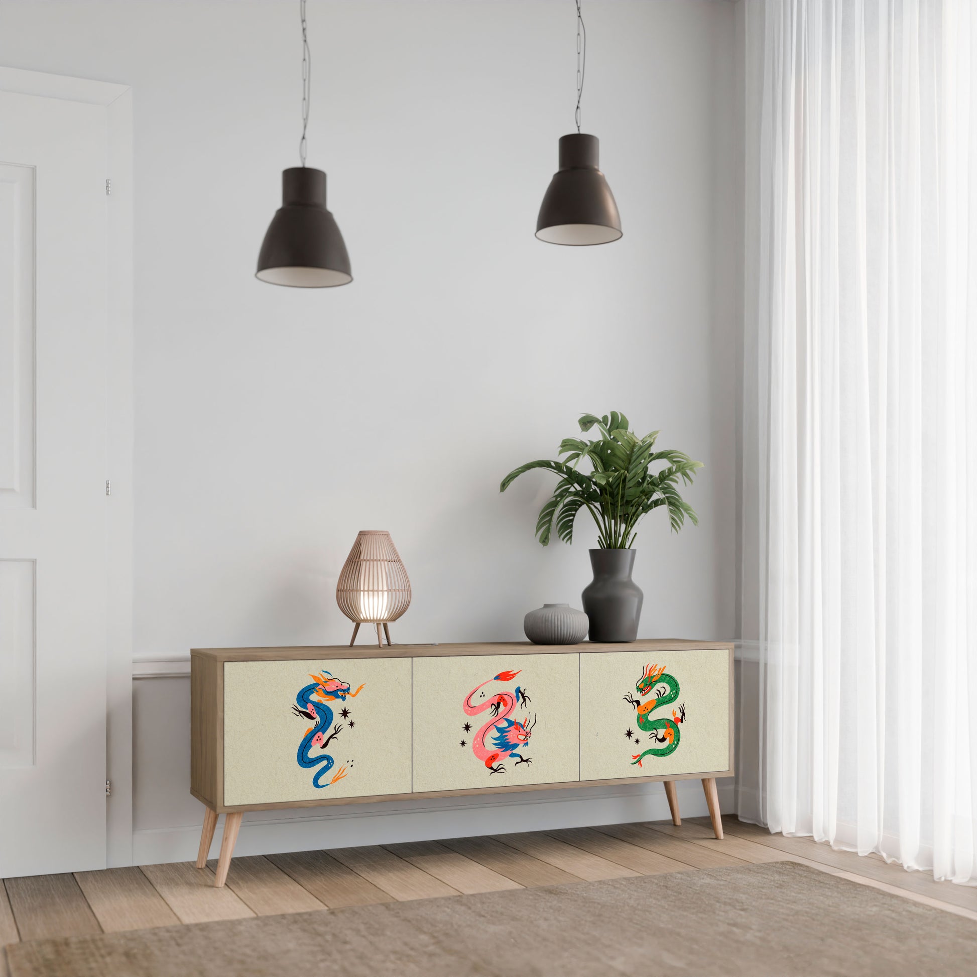MYTHOLOGICAL CREATURES 3-Door TV Stand in Oak Effect