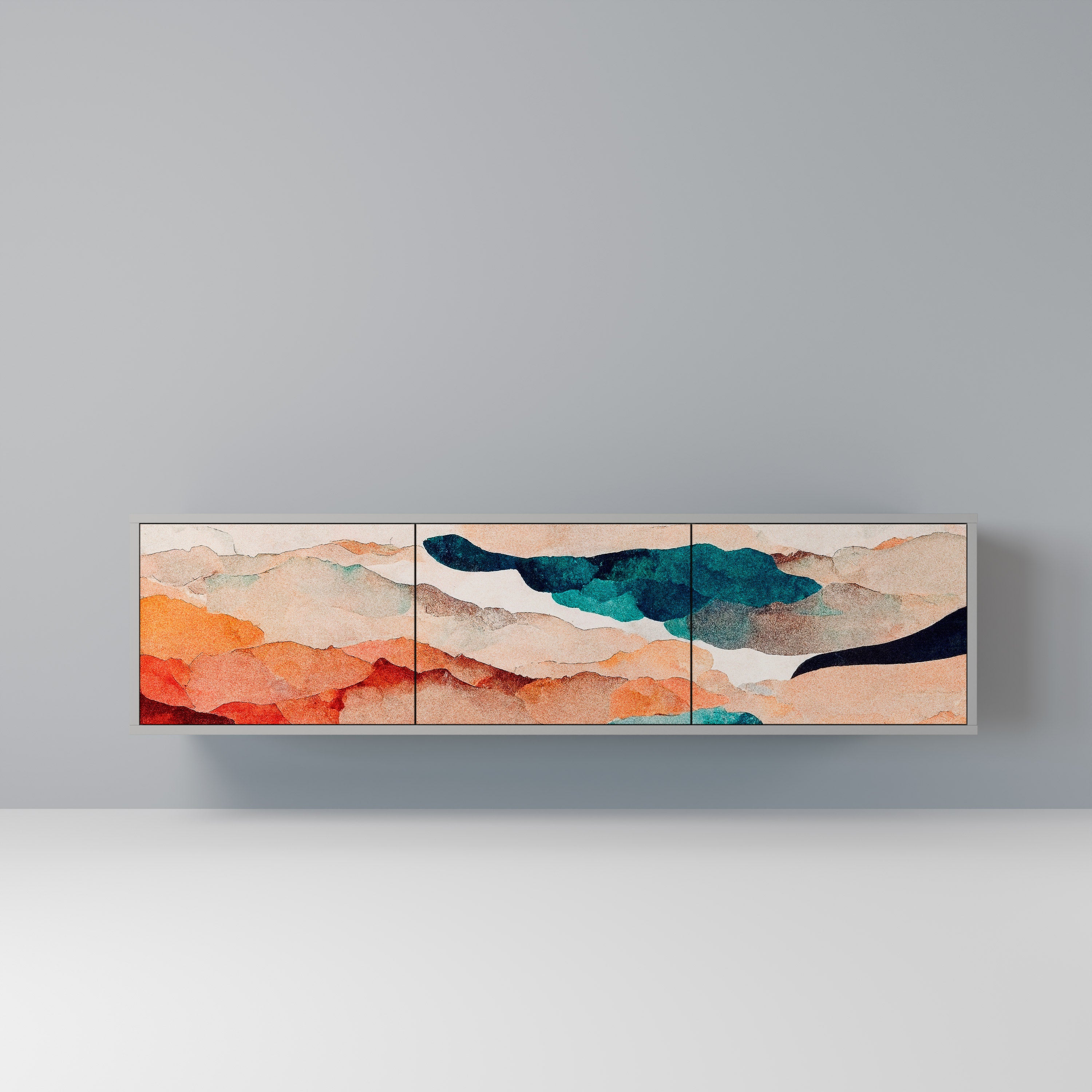 Mueble de TV de 3 puertas PAISAJE ABSTRACTO en acabado gris
