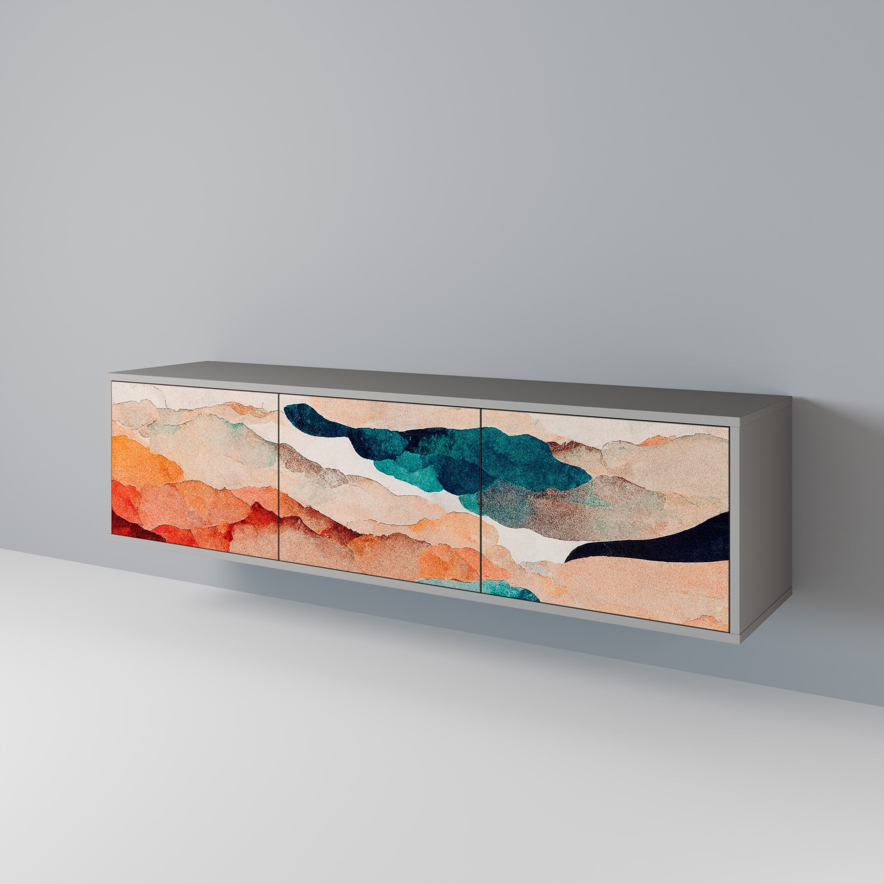 Mueble de TV de 3 puertas PAISAJE ABSTRACTO en acabado gris