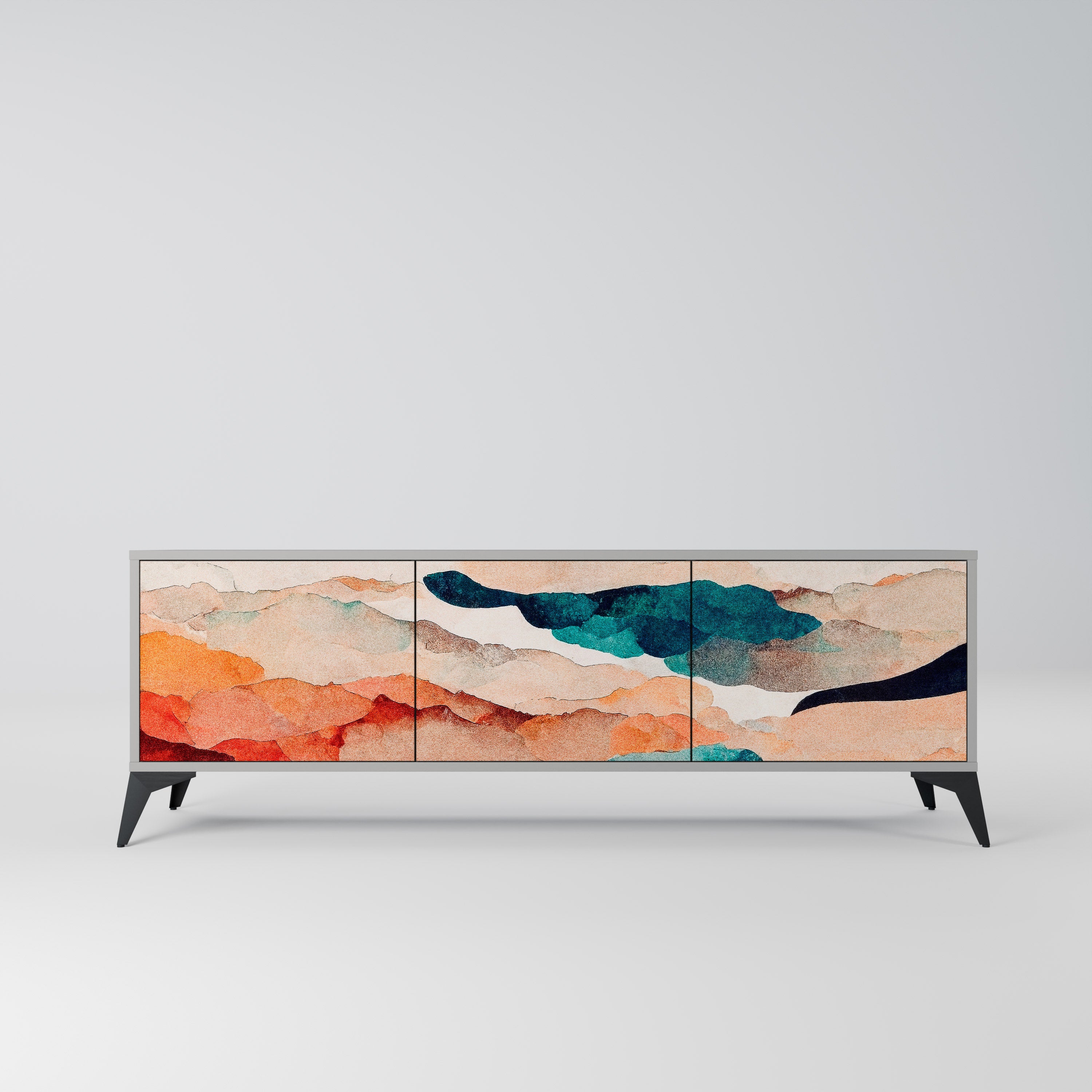 Mueble de TV de 3 puertas PAISAJE ABSTRACTO en acabado gris