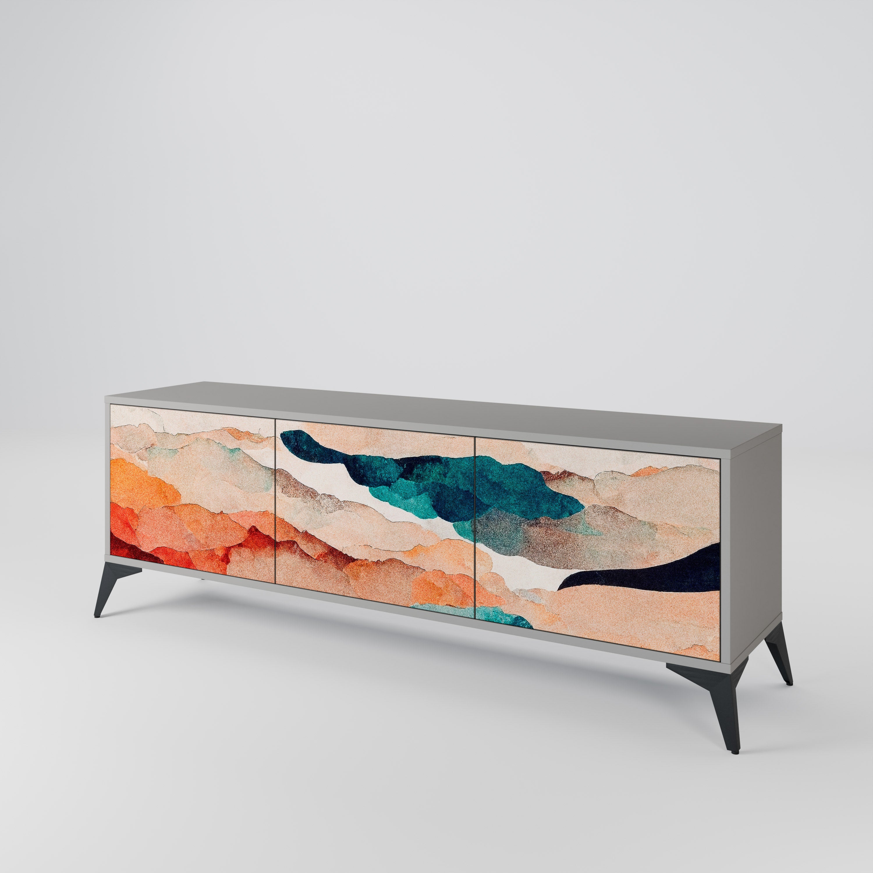 Mueble de TV de 3 puertas PAISAJE ABSTRACTO en acabado gris