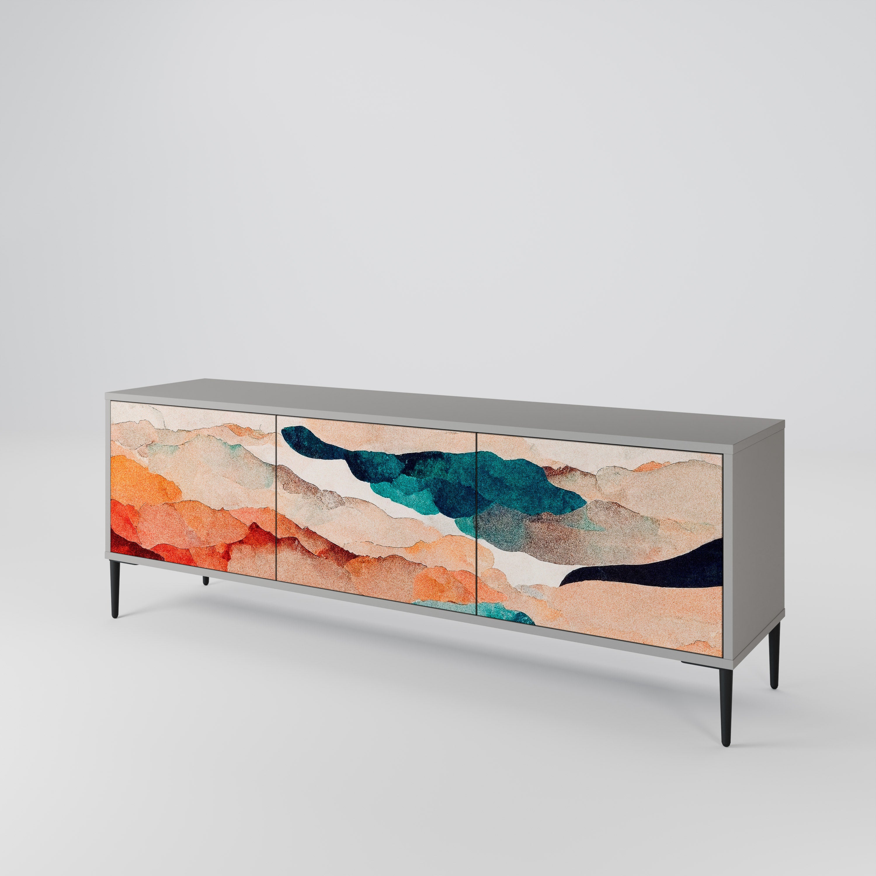 Mueble de TV de 3 puertas PAISAJE ABSTRACTO en acabado gris