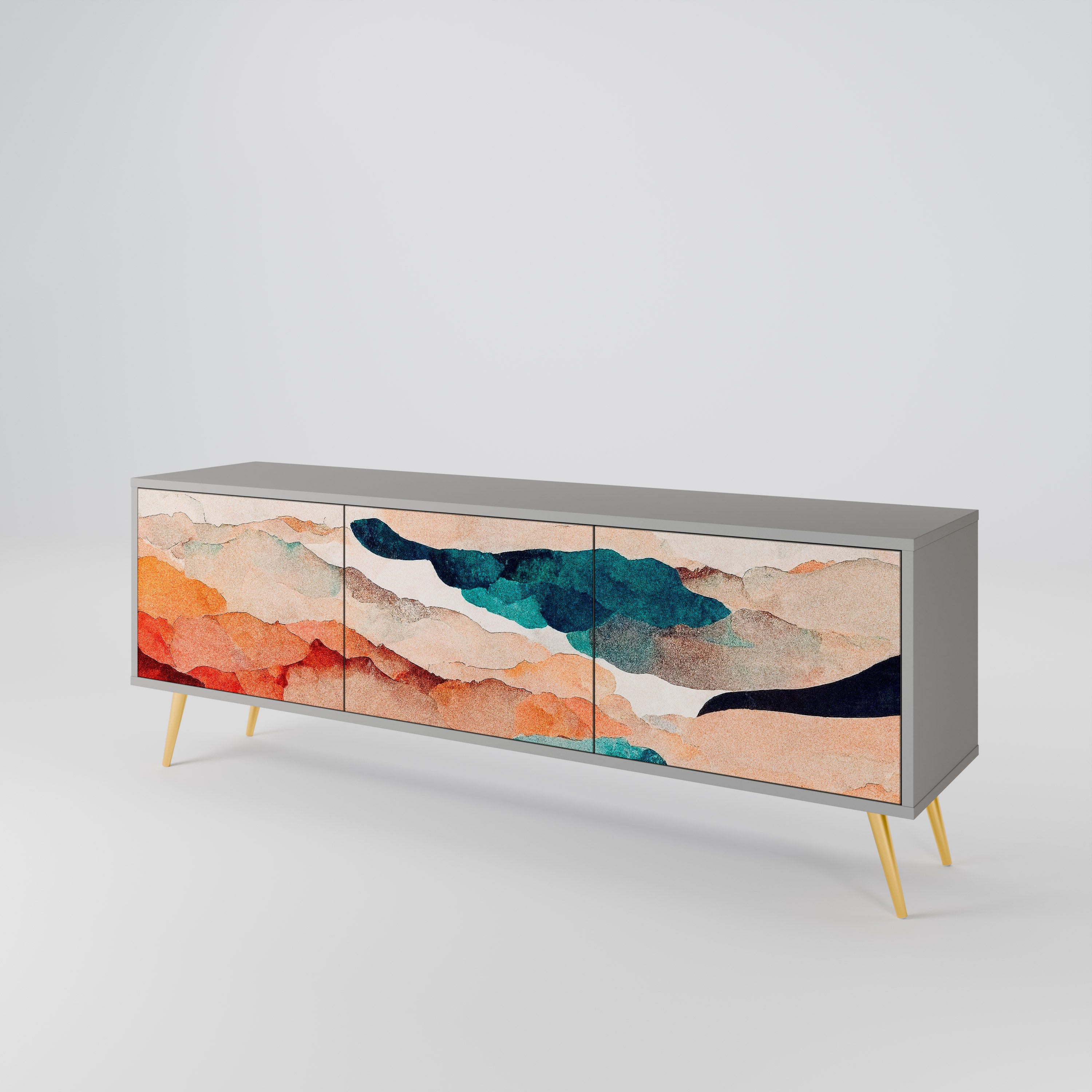 Mueble de TV de 3 puertas PAISAJE ABSTRACTO en acabado gris