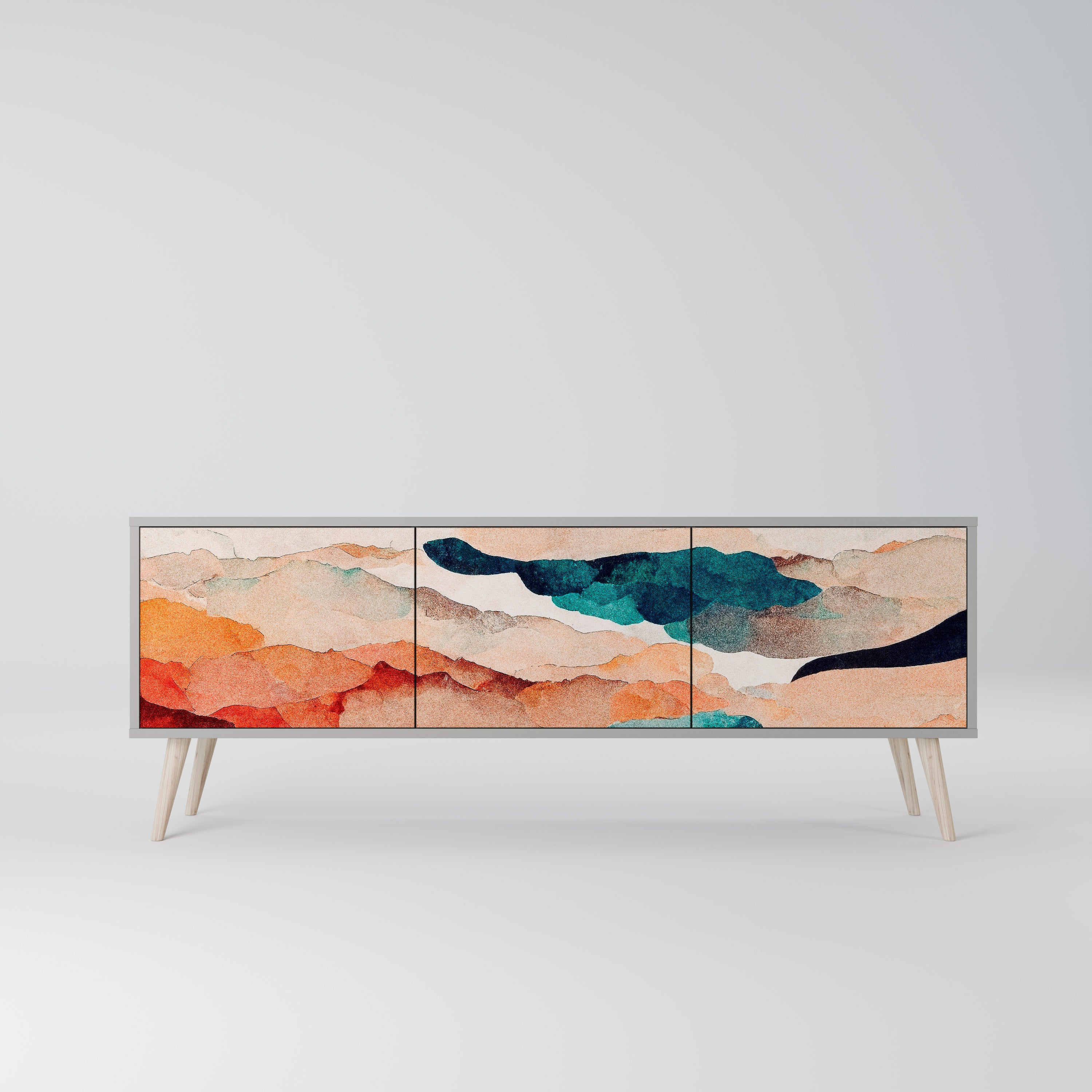 Mueble de TV de 3 puertas PAISAJE ABSTRACTO en acabado gris