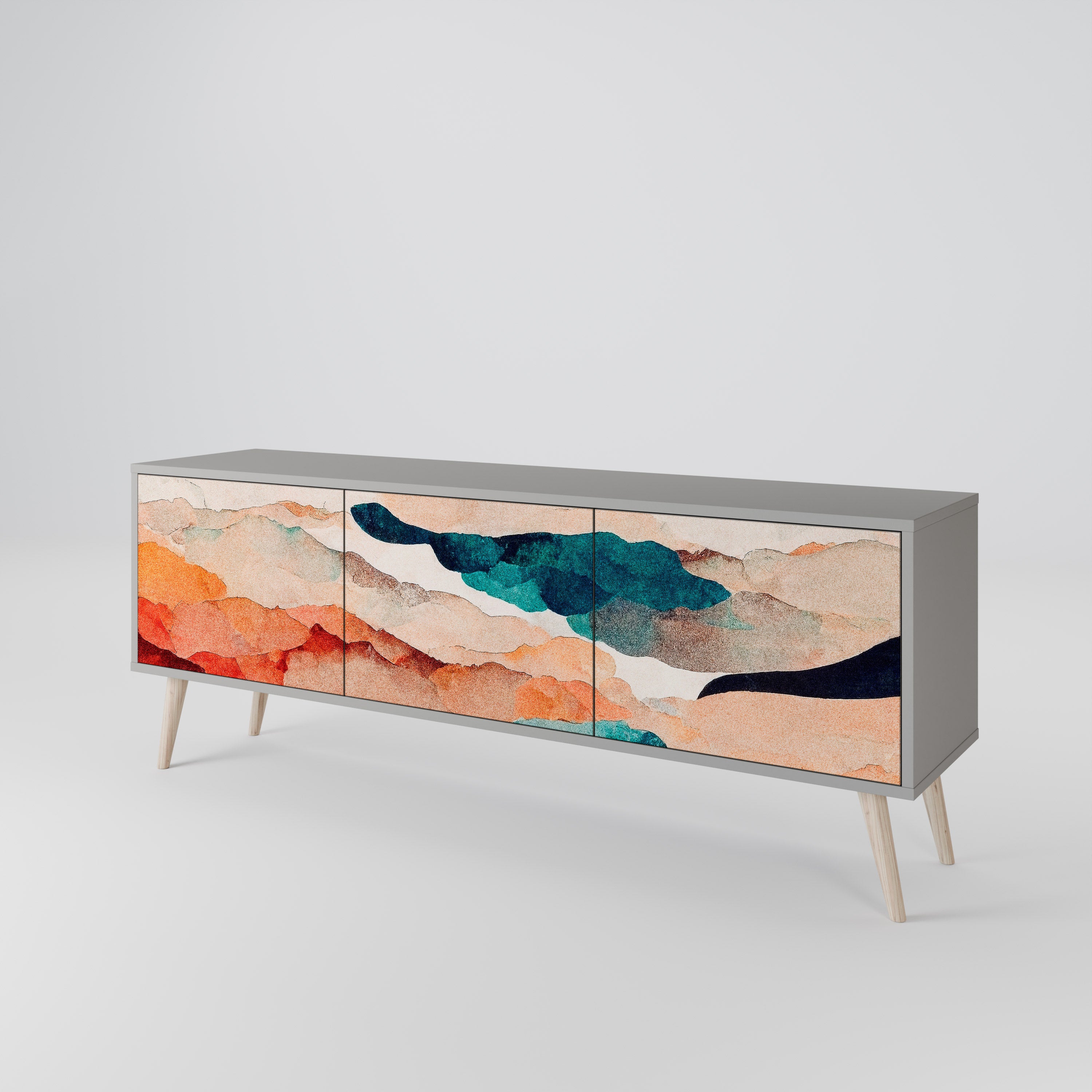 Mueble de TV de 3 puertas PAISAJE ABSTRACTO en acabado gris