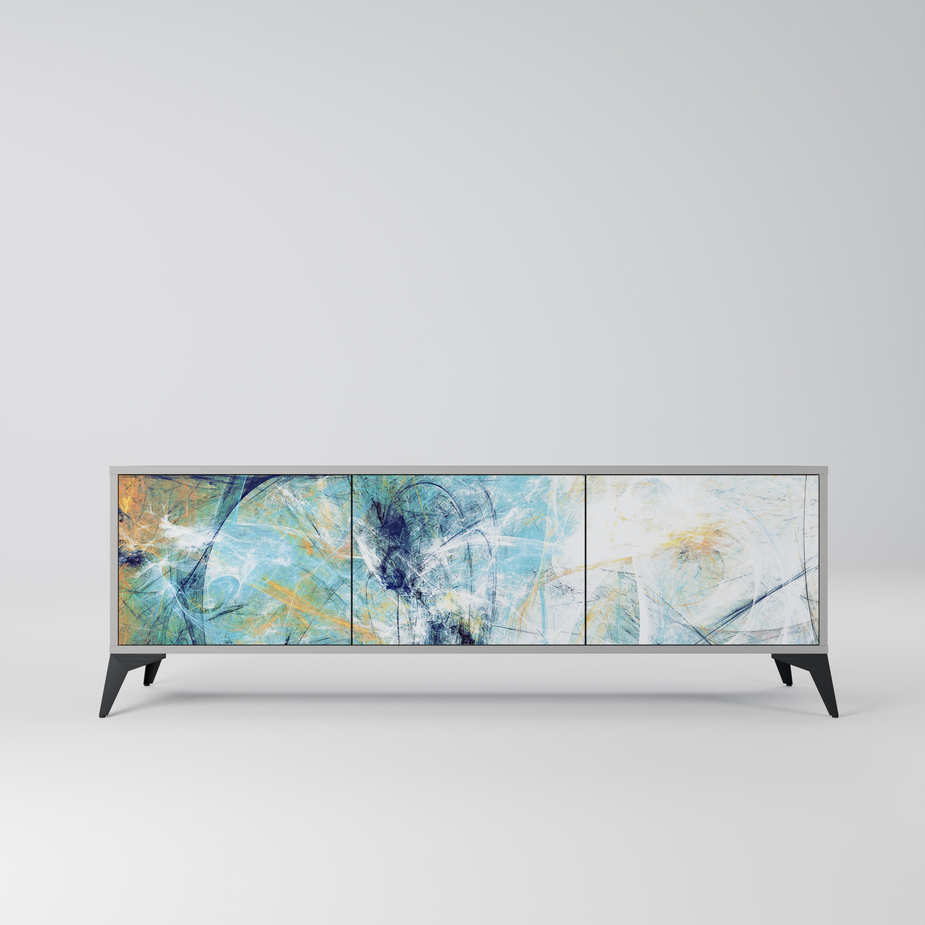 PENSAMIENTOS ABSTRACTOS Mueble de TV de 3 puertas en acabado gris
