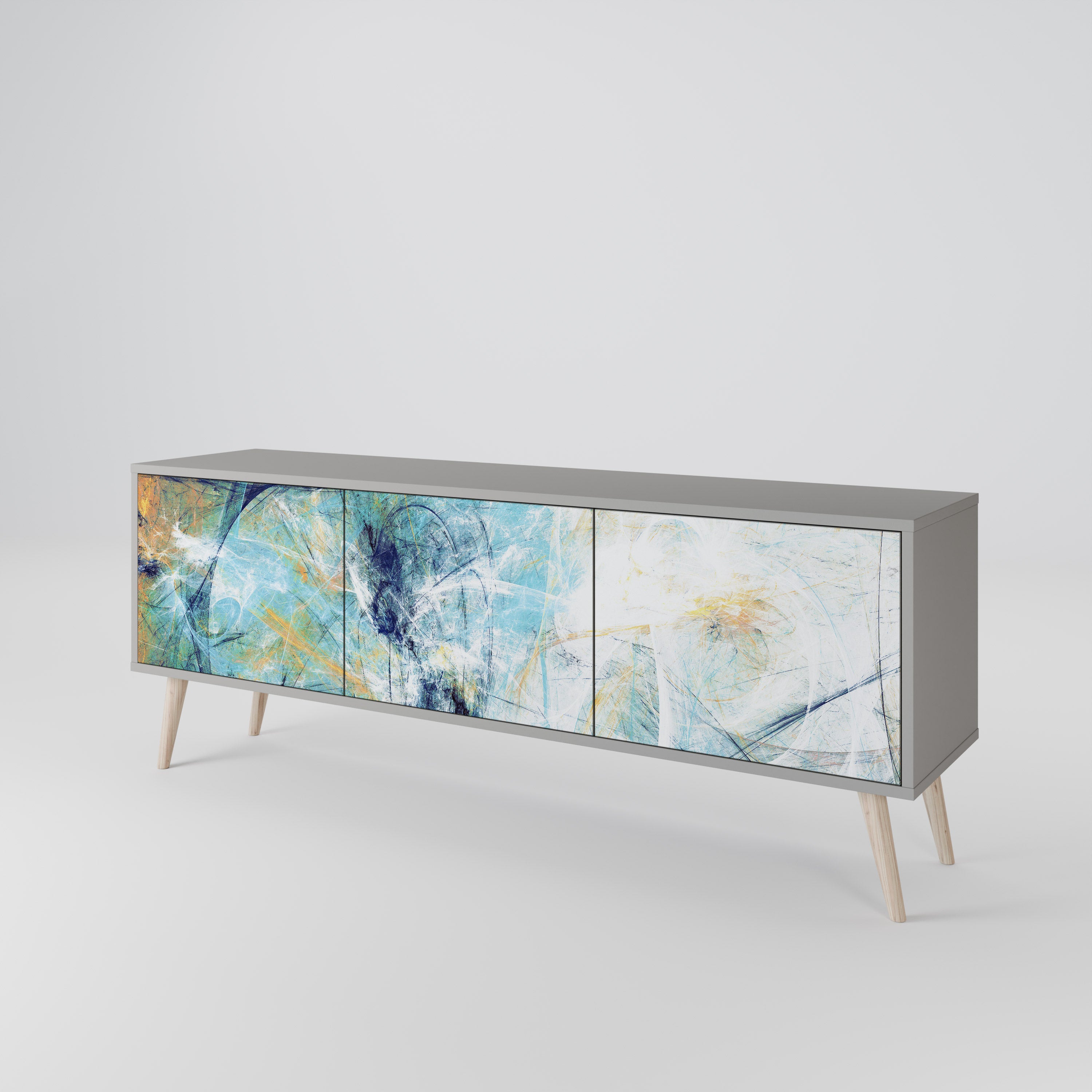 PENSAMIENTOS ABSTRACTOS Mueble de TV de 3 puertas en acabado gris
