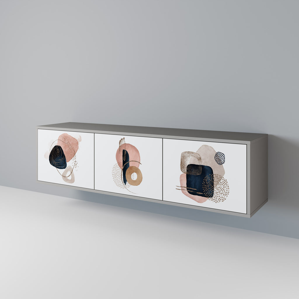 Mueble de TV de 3 puertas con formas coloridas en acabado gris