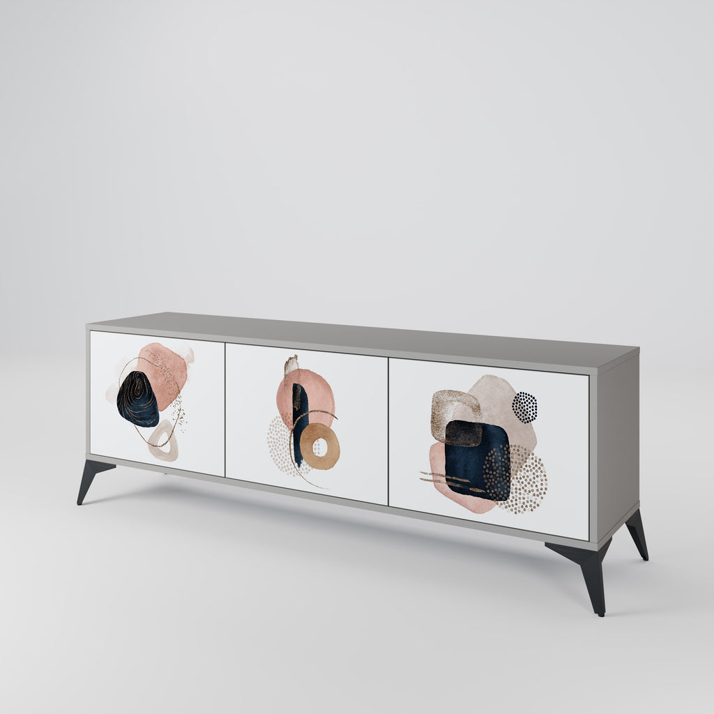 Mueble de TV de 3 puertas con formas coloridas en acabado gris
