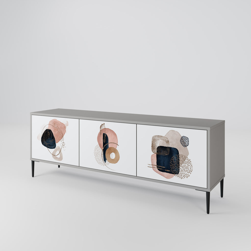 Mueble de TV de 3 puertas con formas coloridas en acabado gris