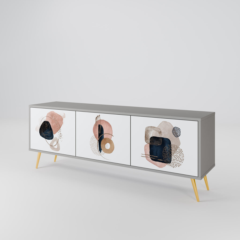 Mueble de TV de 3 puertas con formas coloridas en acabado gris