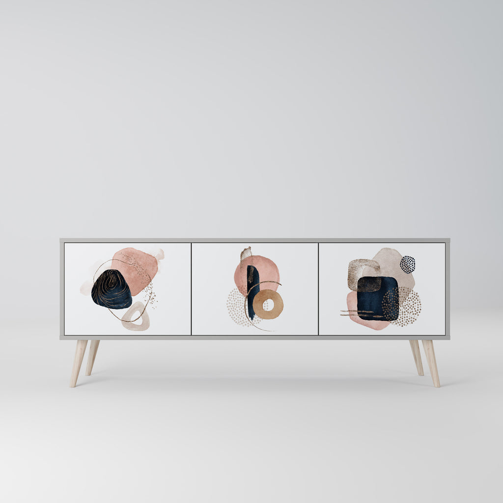 Mueble de TV de 3 puertas con formas coloridas en acabado gris