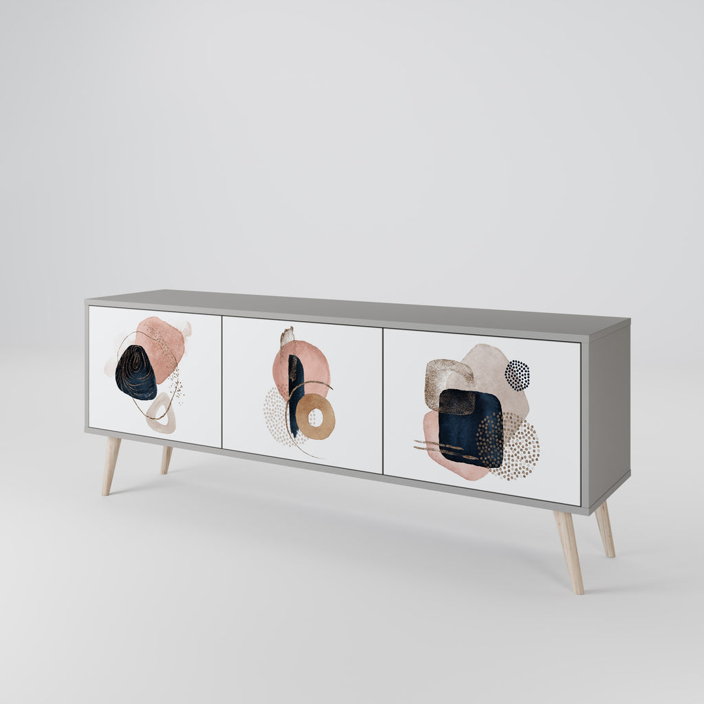 Mueble de TV de 3 puertas con formas coloridas en acabado gris