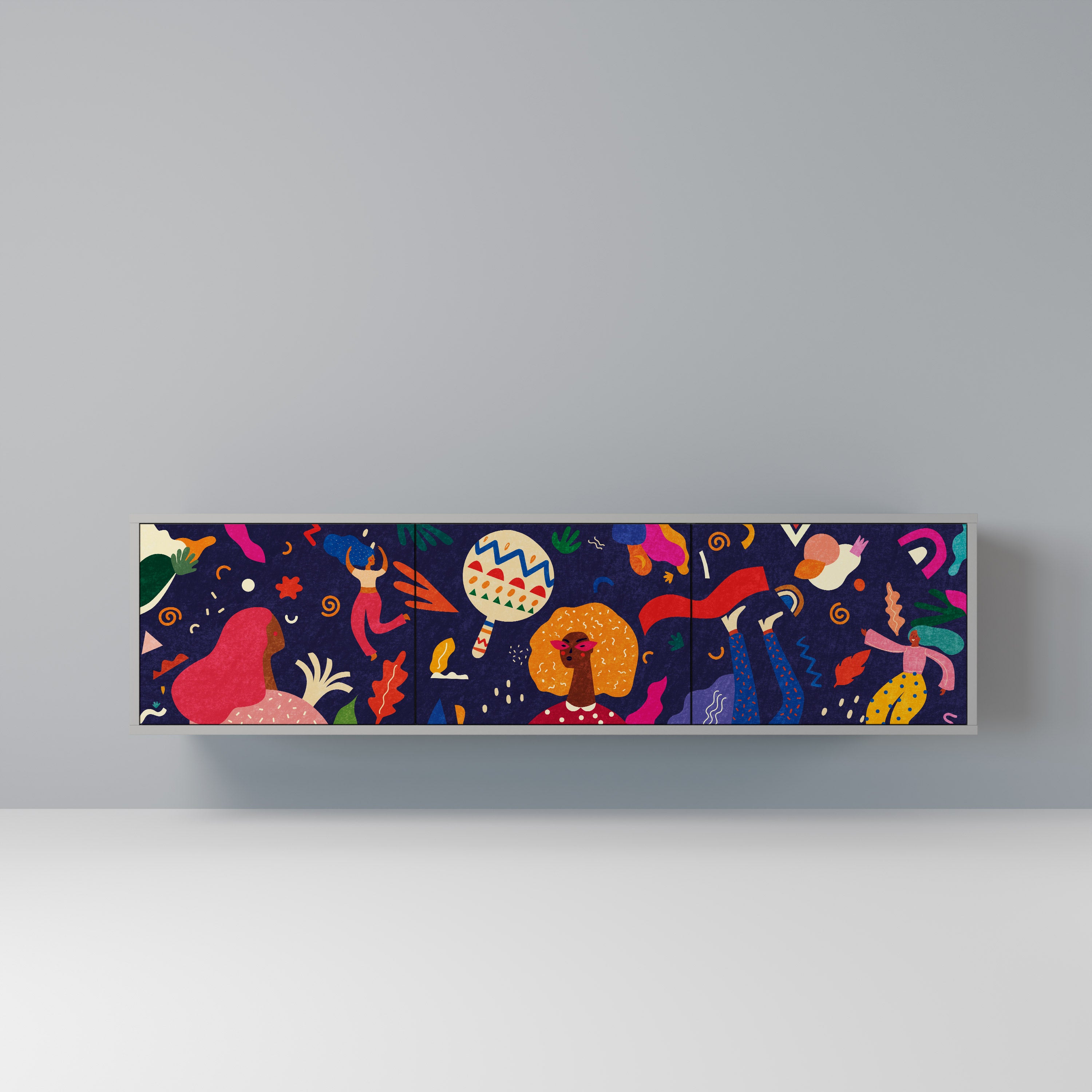 Mueble de TV de 3 puertas PLACERES FESTIVOS en acabado gris