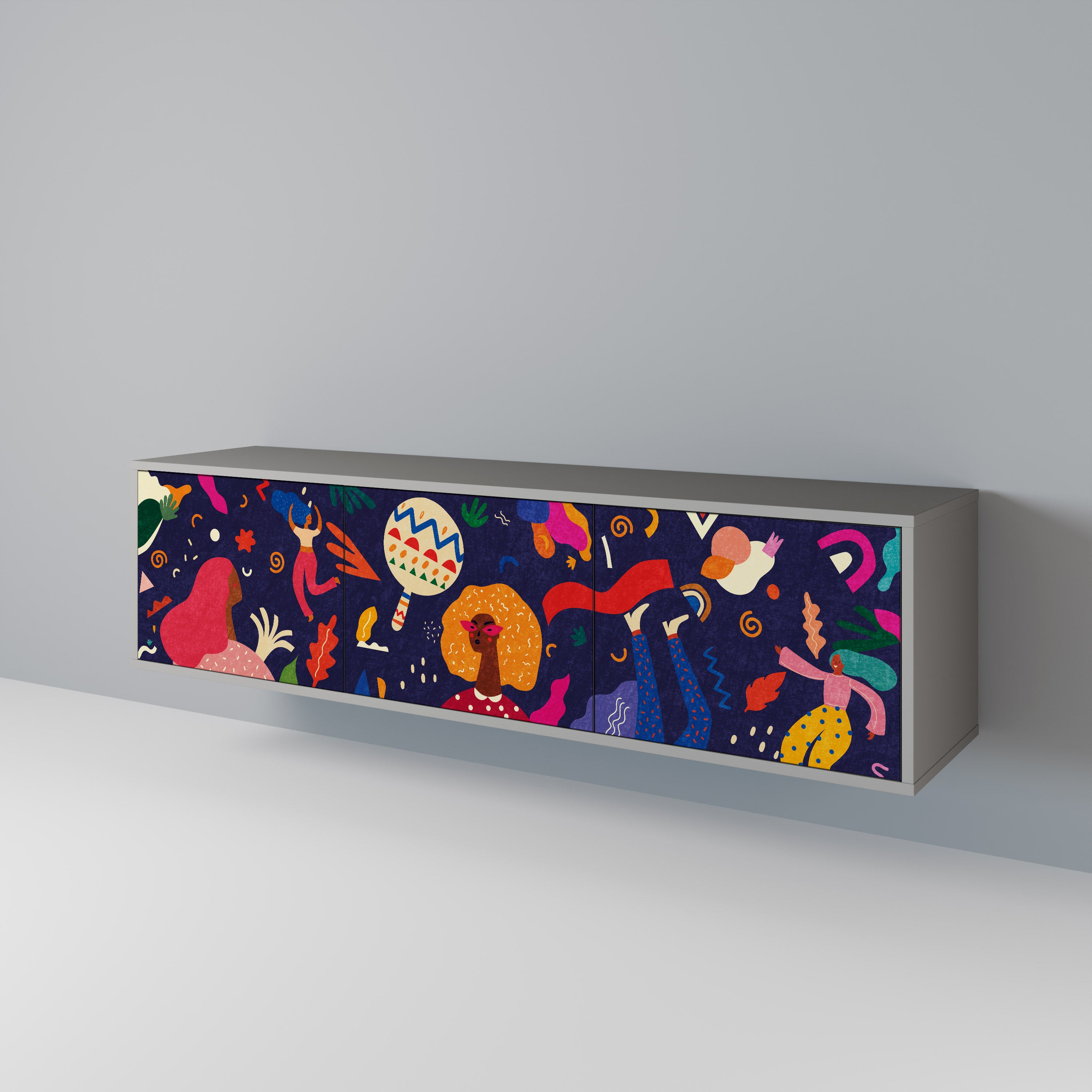 Mueble de TV de 3 puertas PLACERES FESTIVOS en acabado gris