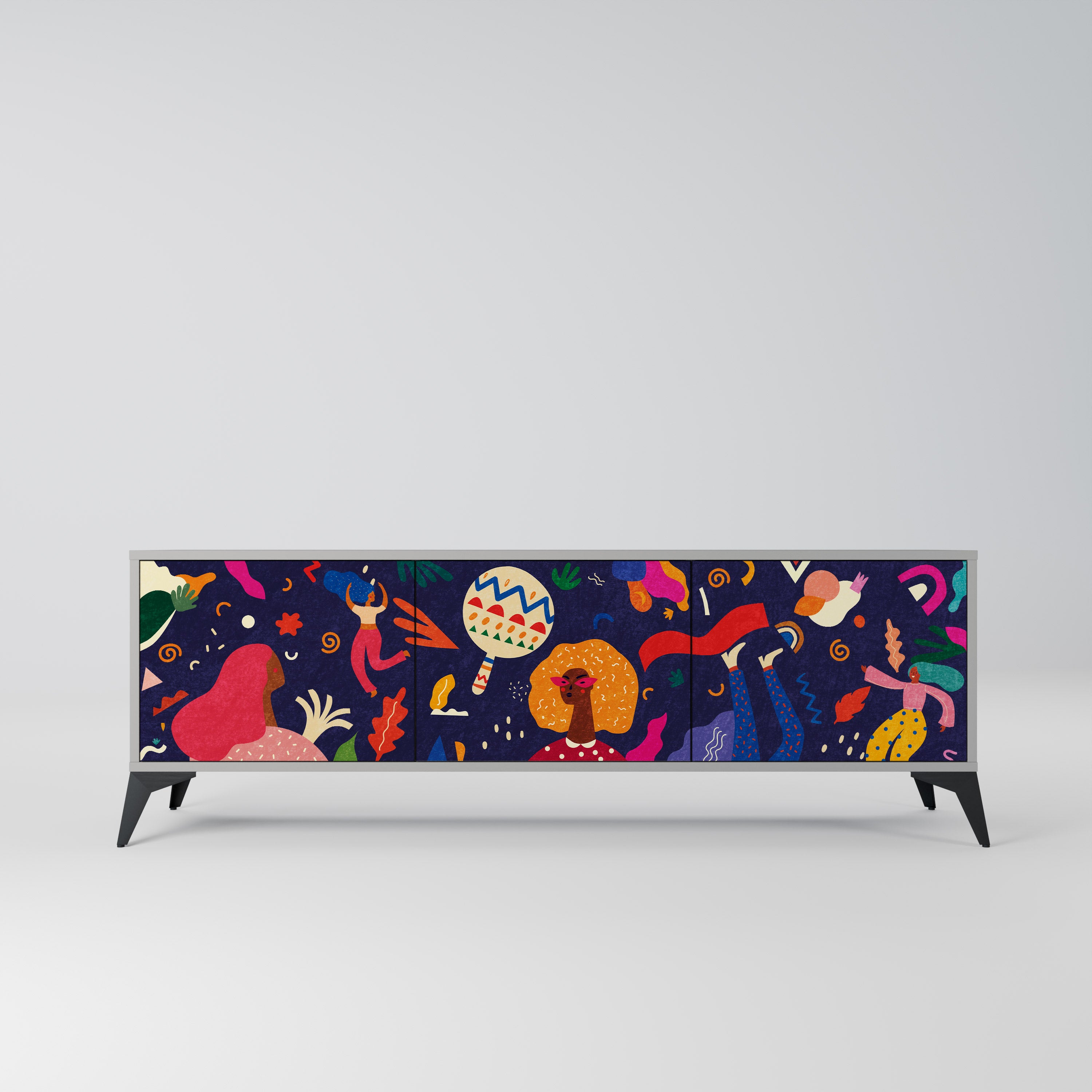 Mueble de TV de 3 puertas PLACERES FESTIVOS en acabado gris