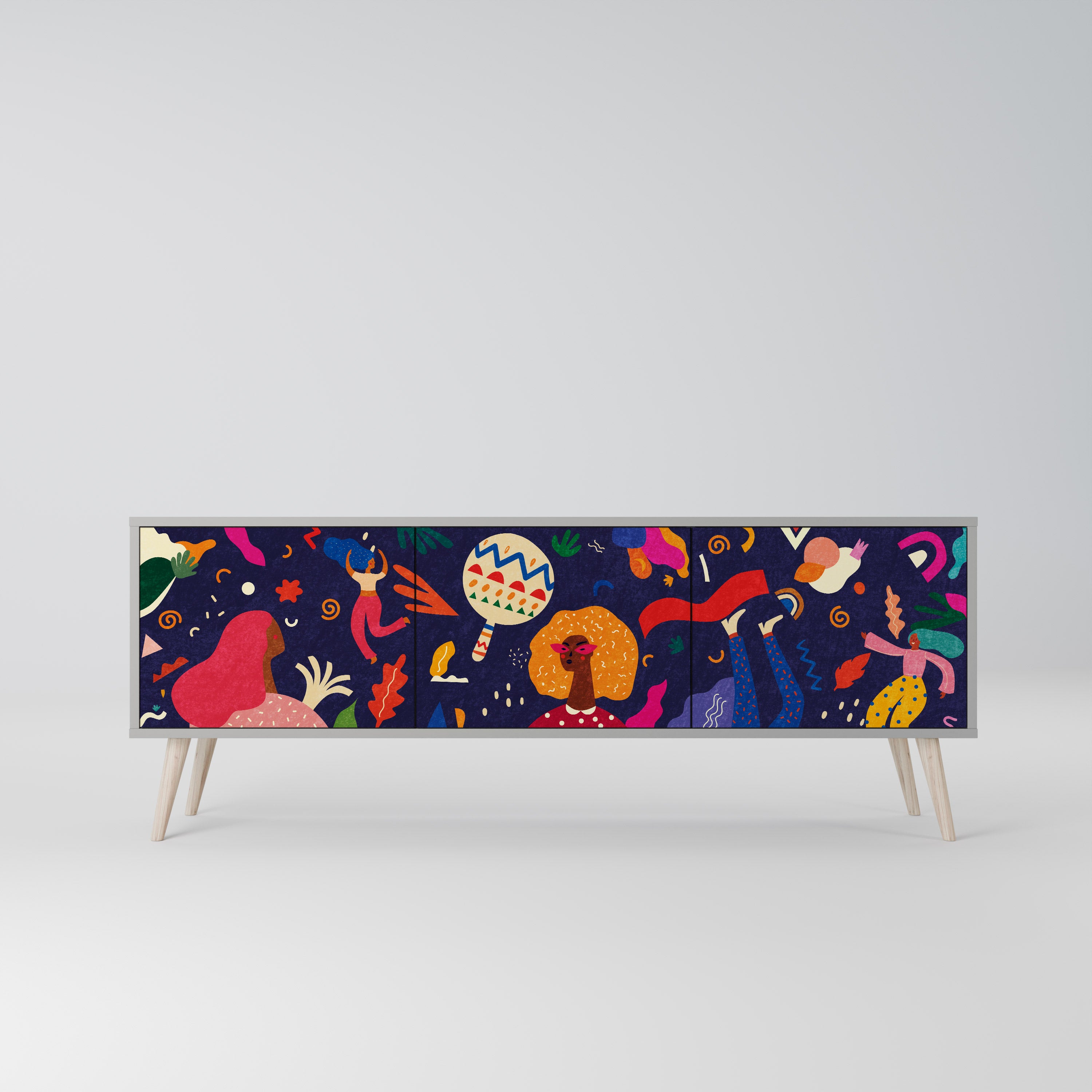 Mueble de TV de 3 puertas PLACERES FESTIVOS en acabado gris
