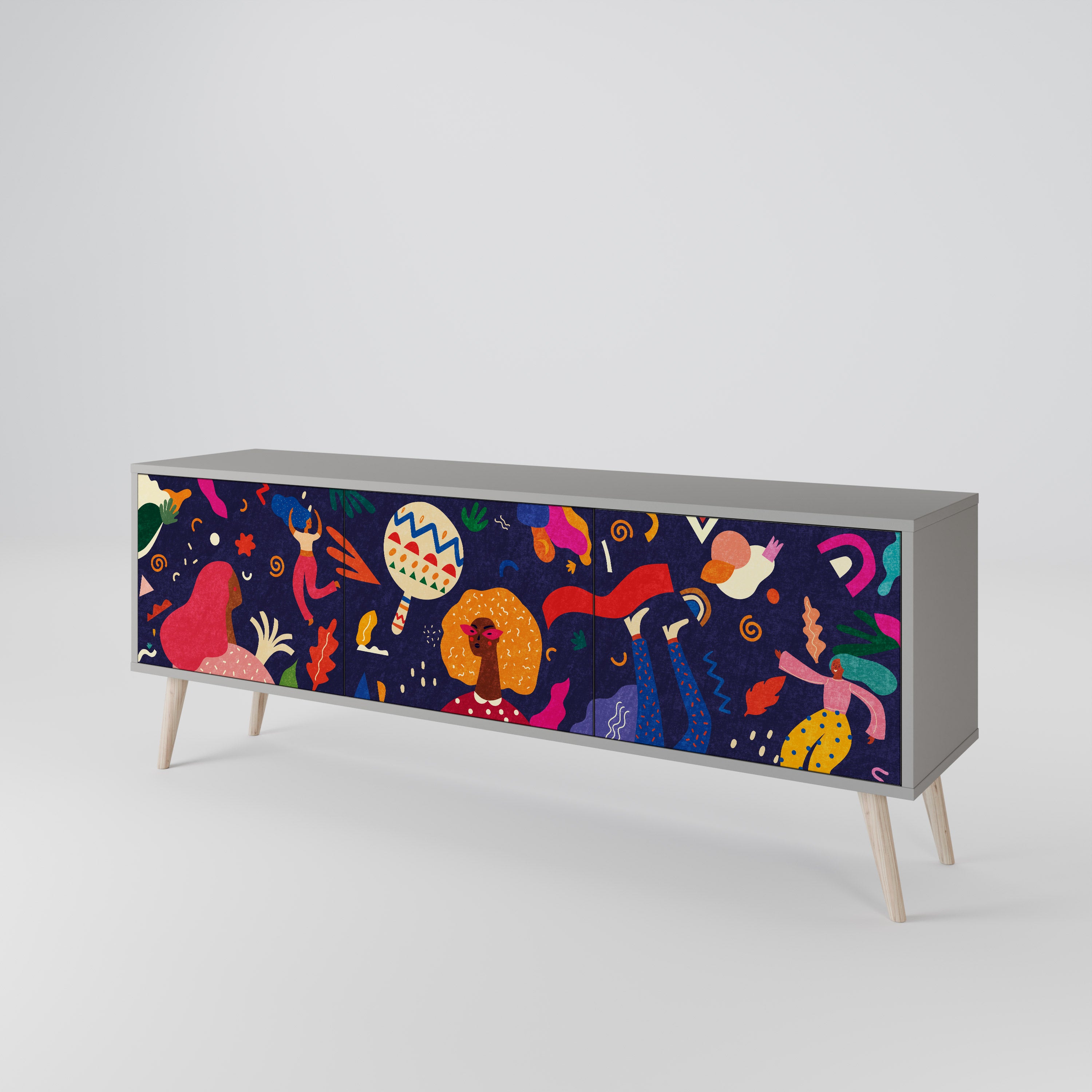 Mueble de TV de 3 puertas PLACERES FESTIVOS en acabado gris
