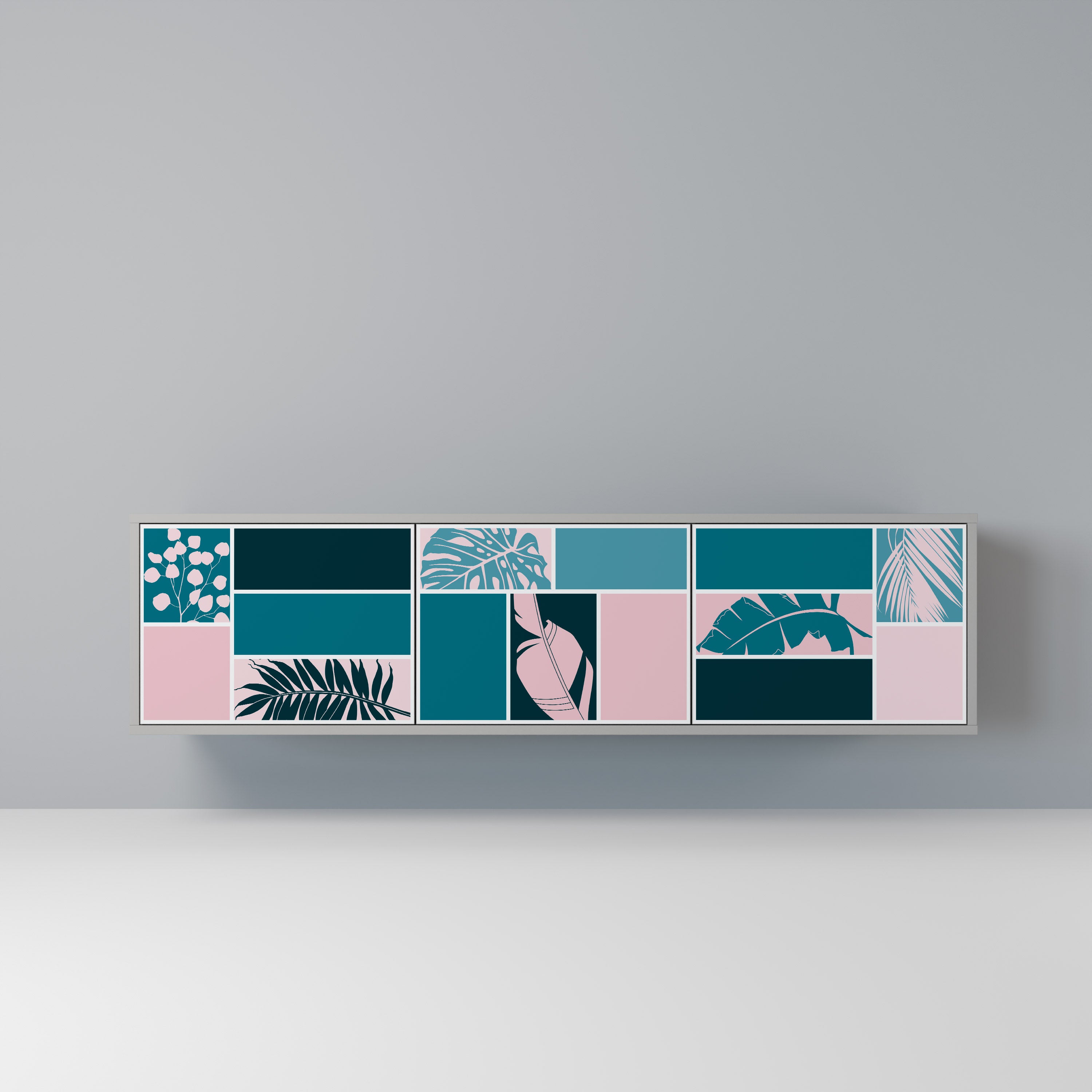 COMBINACIÓN DE FORMAS Mueble de TV de 3 puertas en acabado gris
