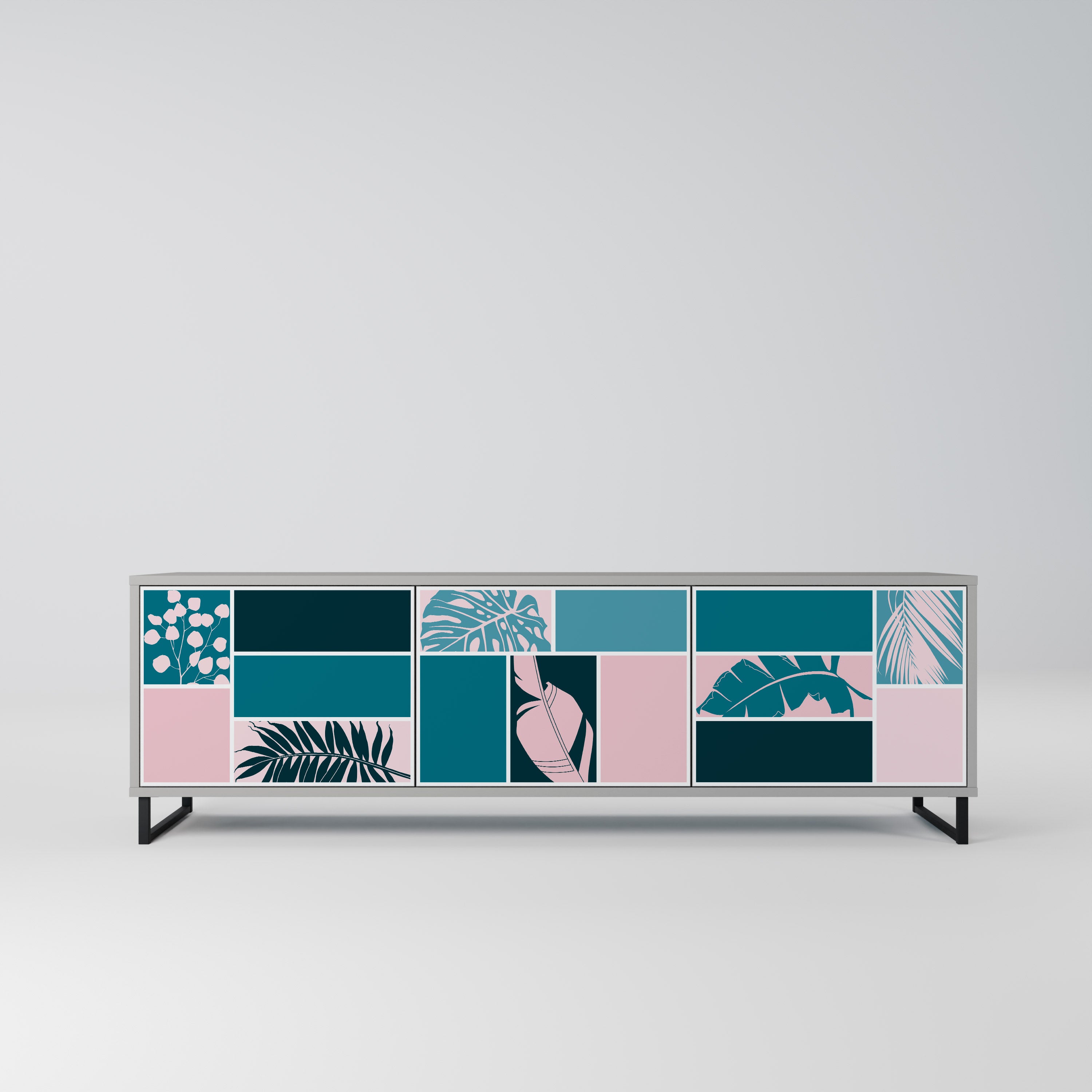 COMBINACIÓN DE FORMAS Mueble de TV de 3 puertas en acabado gris