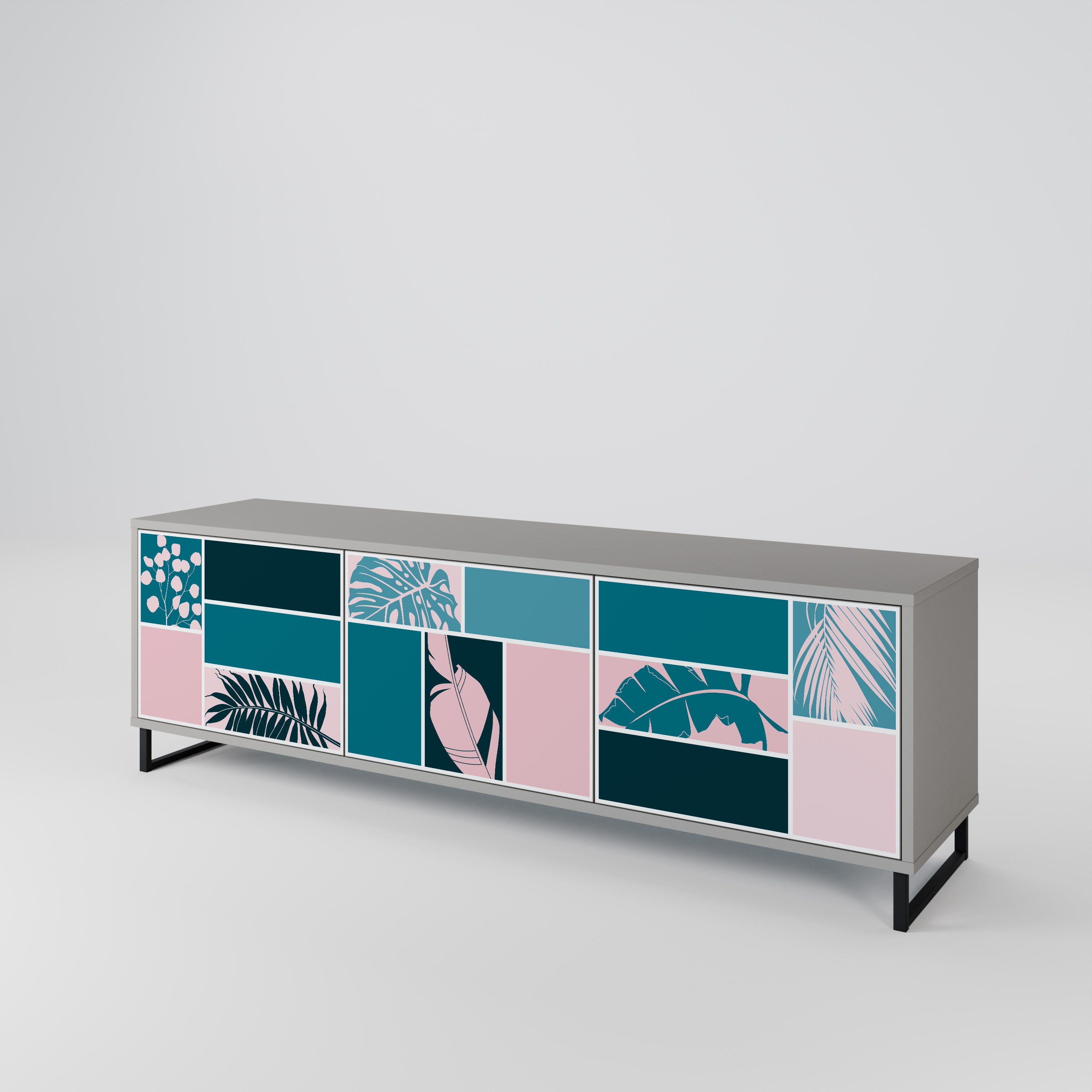 COMBINACIÓN DE FORMAS Mueble de TV de 3 puertas en acabado gris