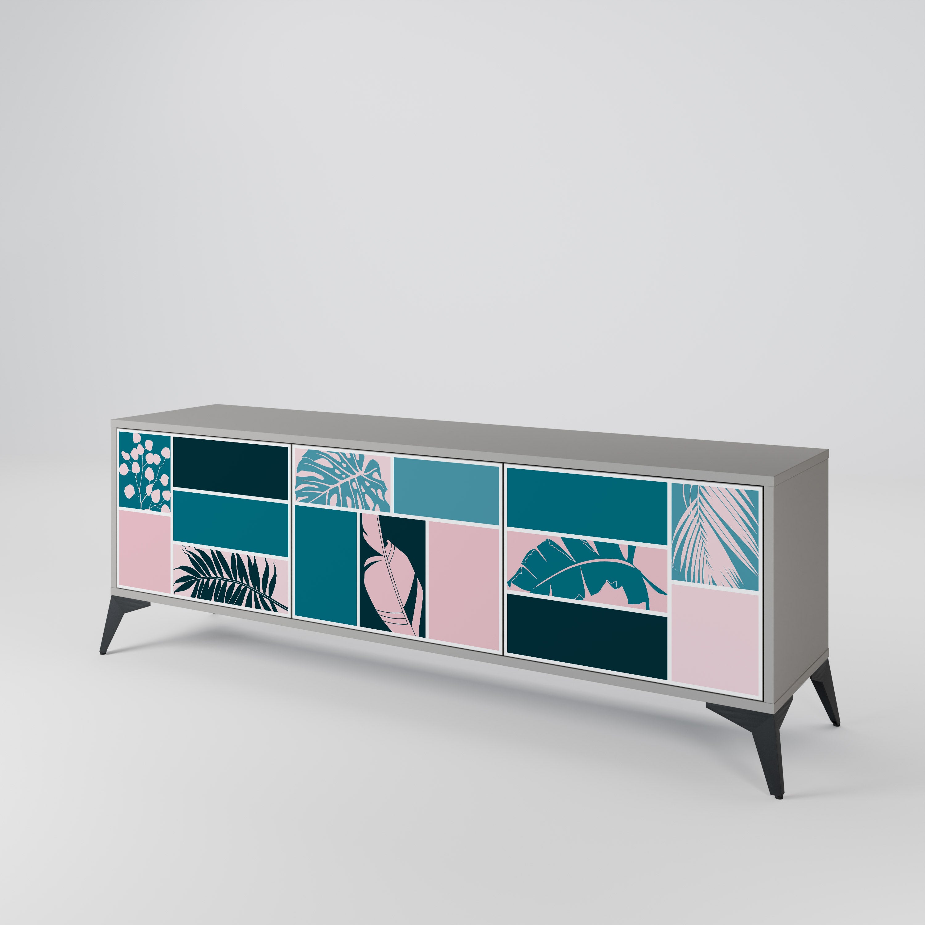 COMBINACIÓN DE FORMAS Mueble de TV de 3 puertas en acabado gris