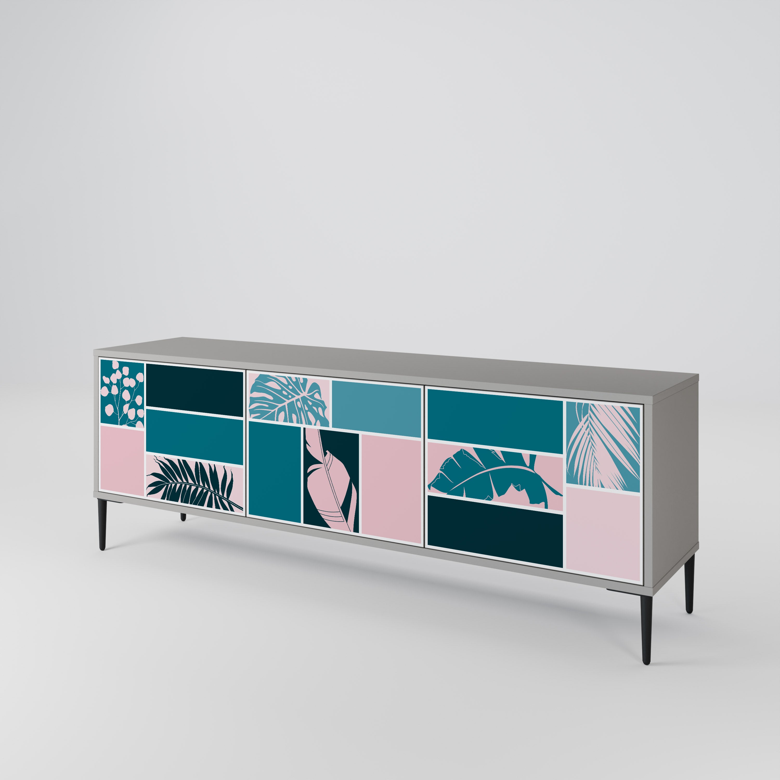 COMBINACIÓN DE FORMAS Mueble de TV de 3 puertas en acabado gris