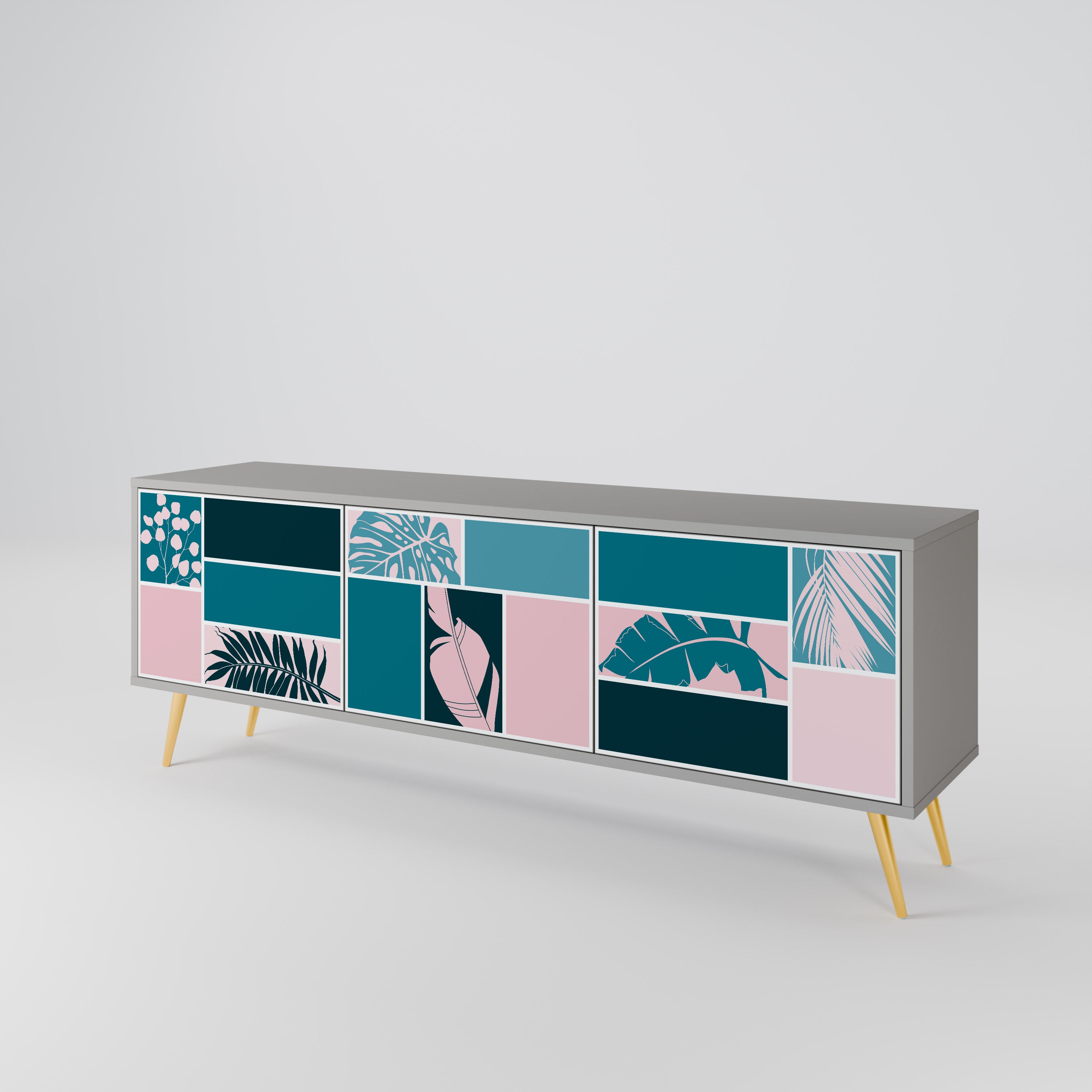 COMBINACIÓN DE FORMAS Mueble de TV de 3 puertas en acabado gris