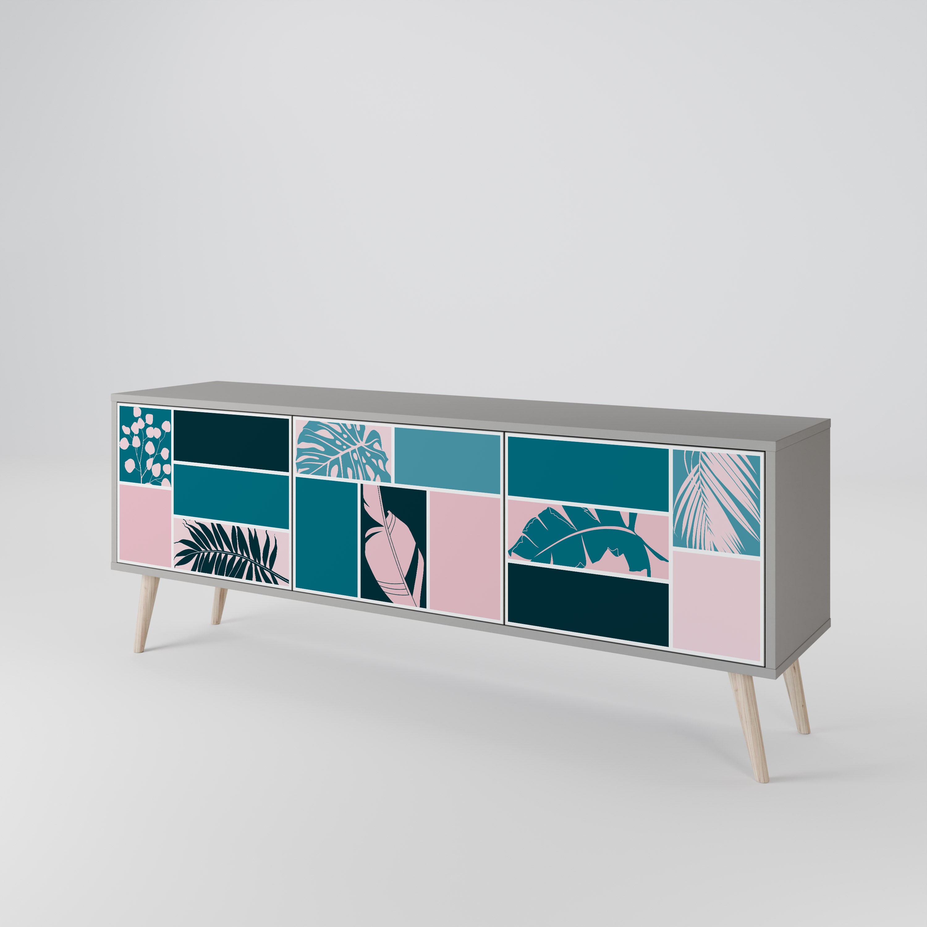 COMBINACIÓN DE FORMAS Mueble de TV de 3 puertas en acabado gris