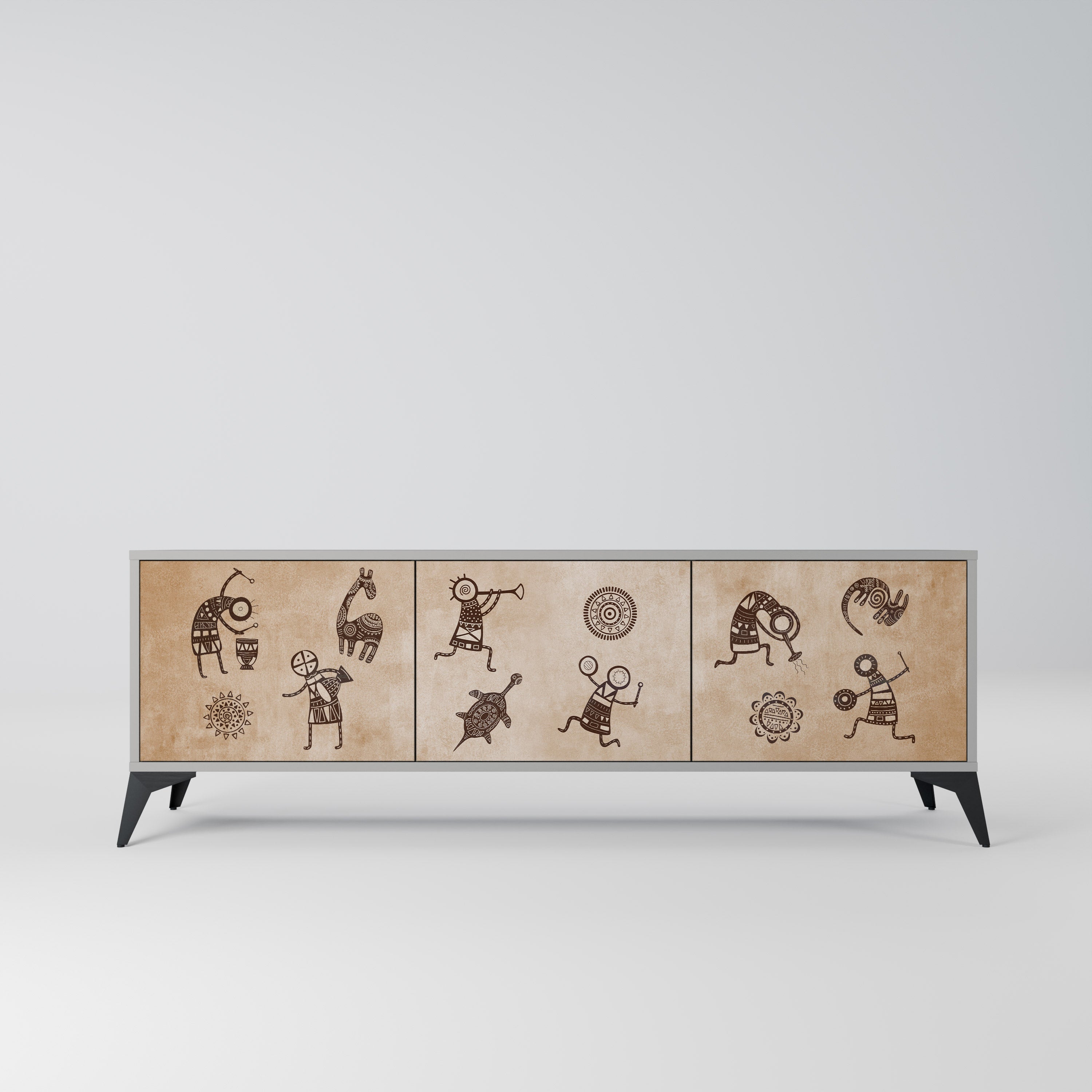AFRICAN STYLE 3-Door TV Stand in Grey Finish