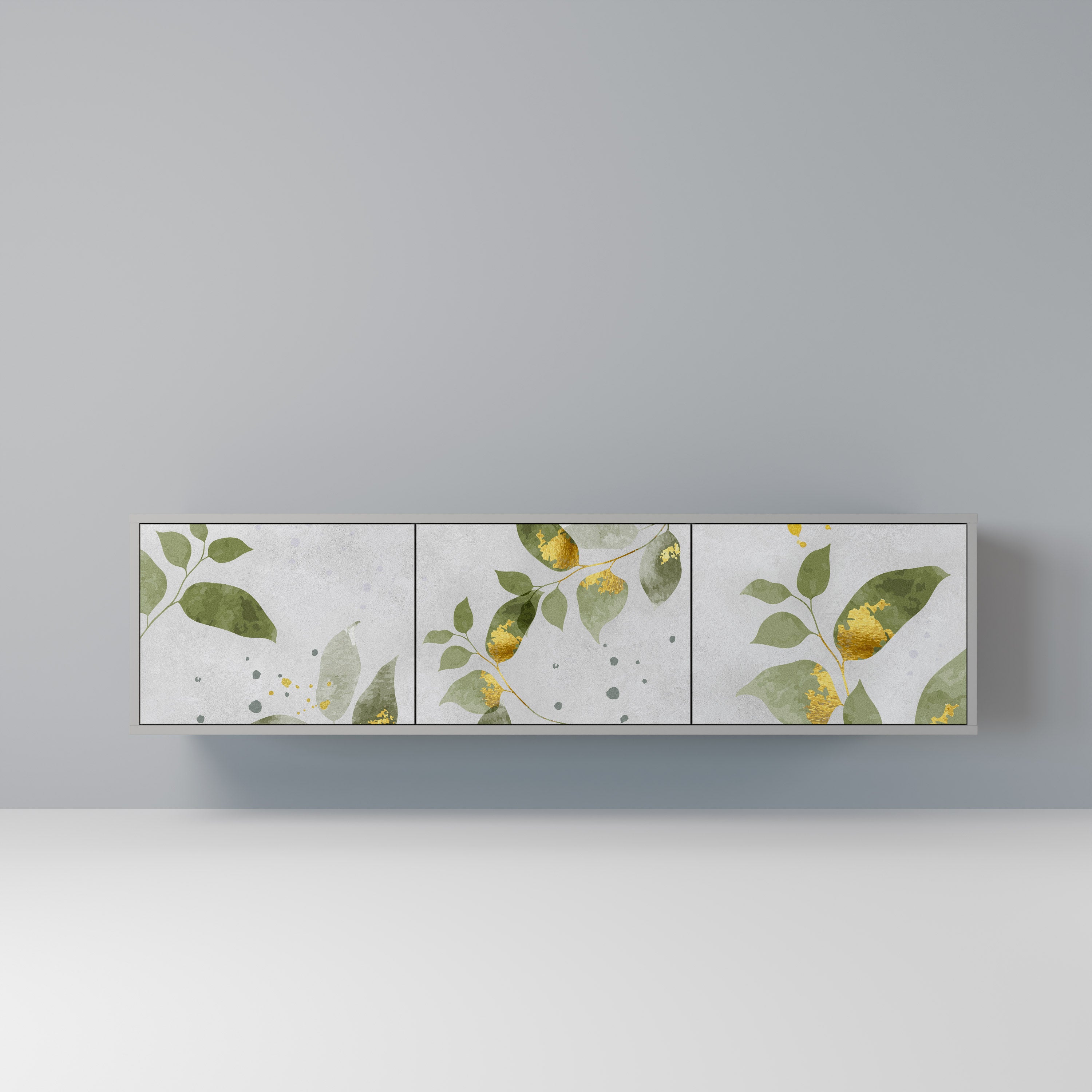 Elegante mueble de TV de 3 puertas BOTANICS en acabado gris
