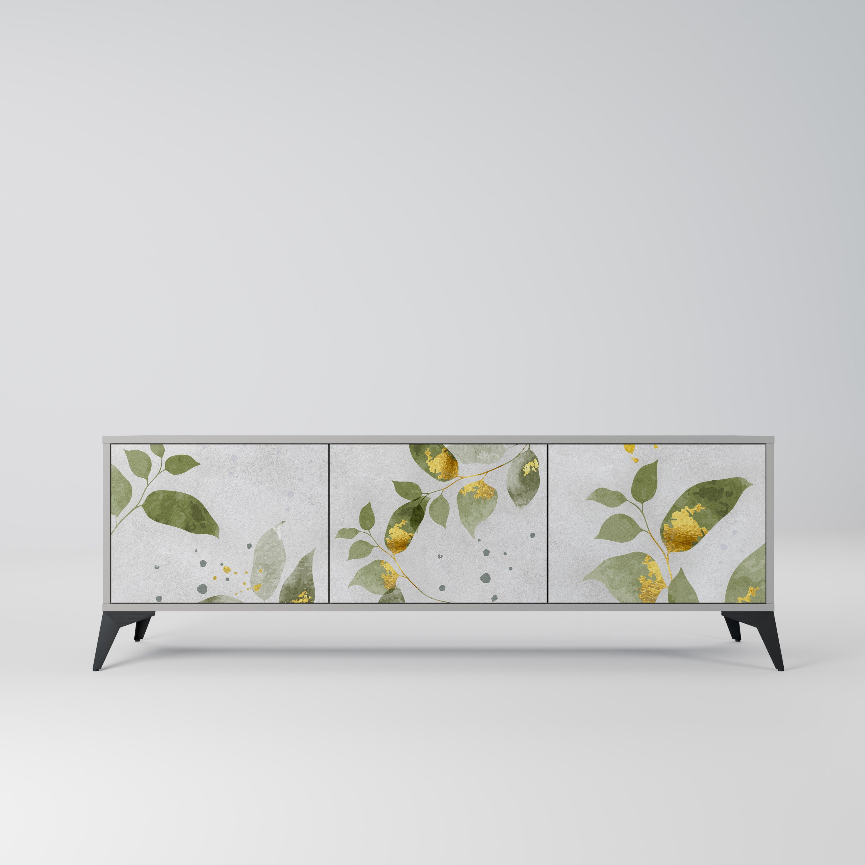 Elegante mueble de TV de 3 puertas BOTANICS en acabado gris