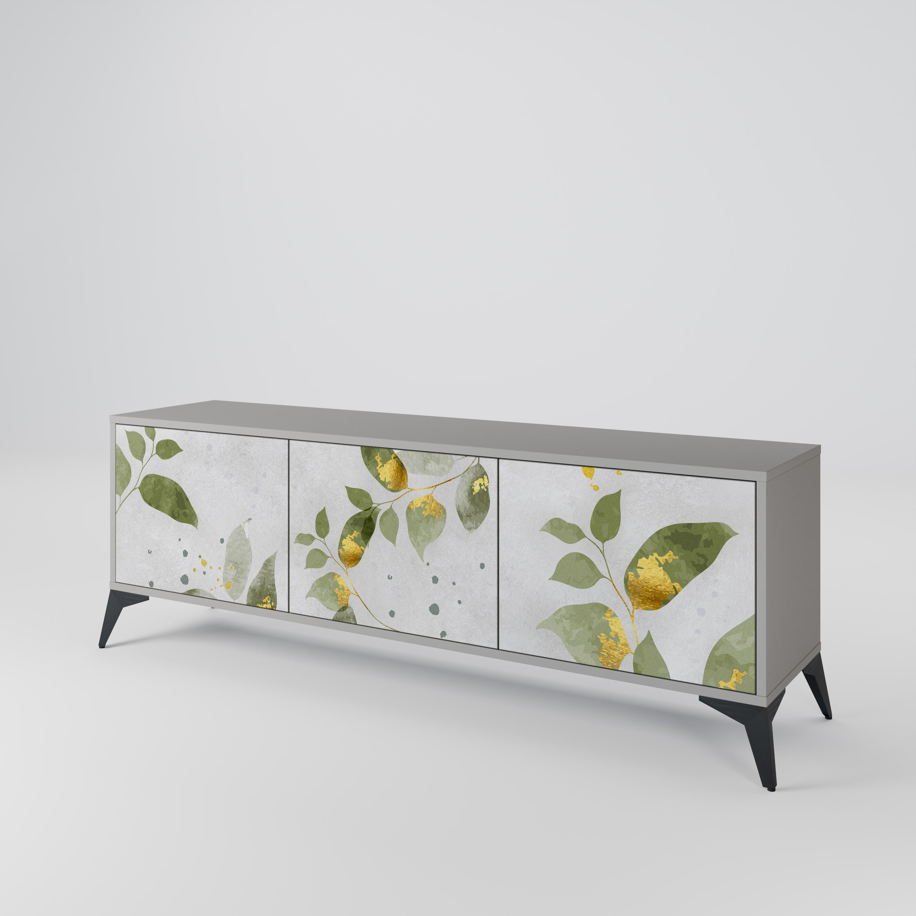 Elegante mueble de TV de 3 puertas BOTANICS en acabado gris