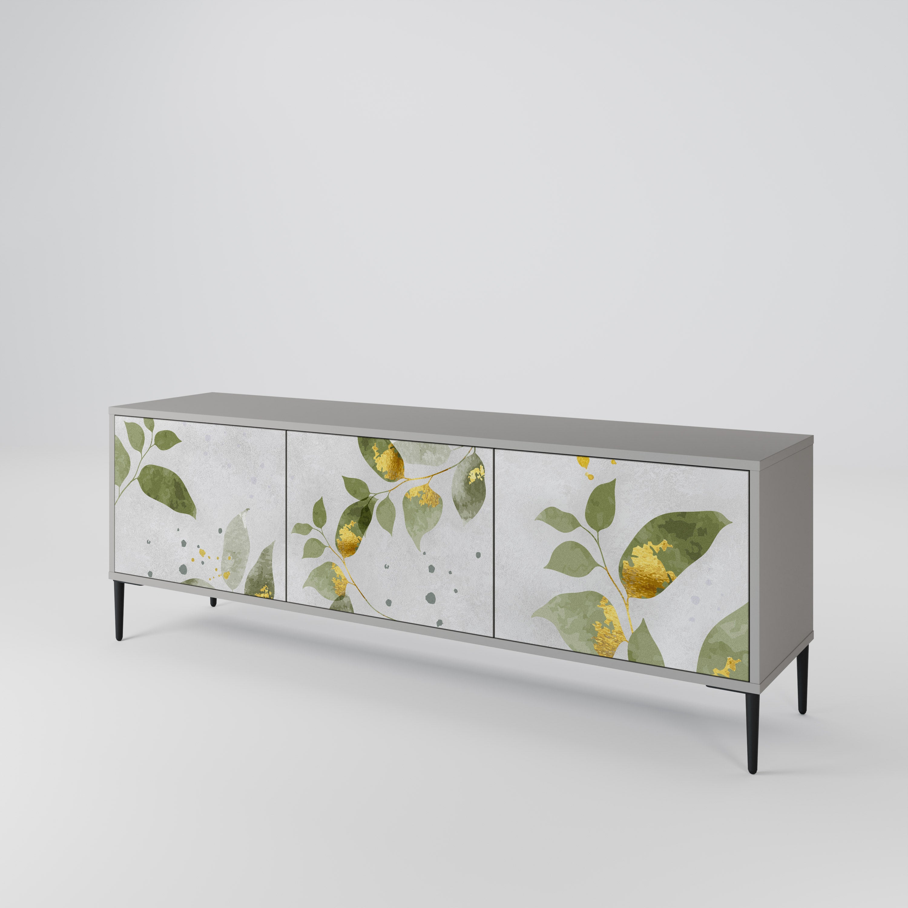 Elegante mueble de TV de 3 puertas BOTANICS en acabado gris