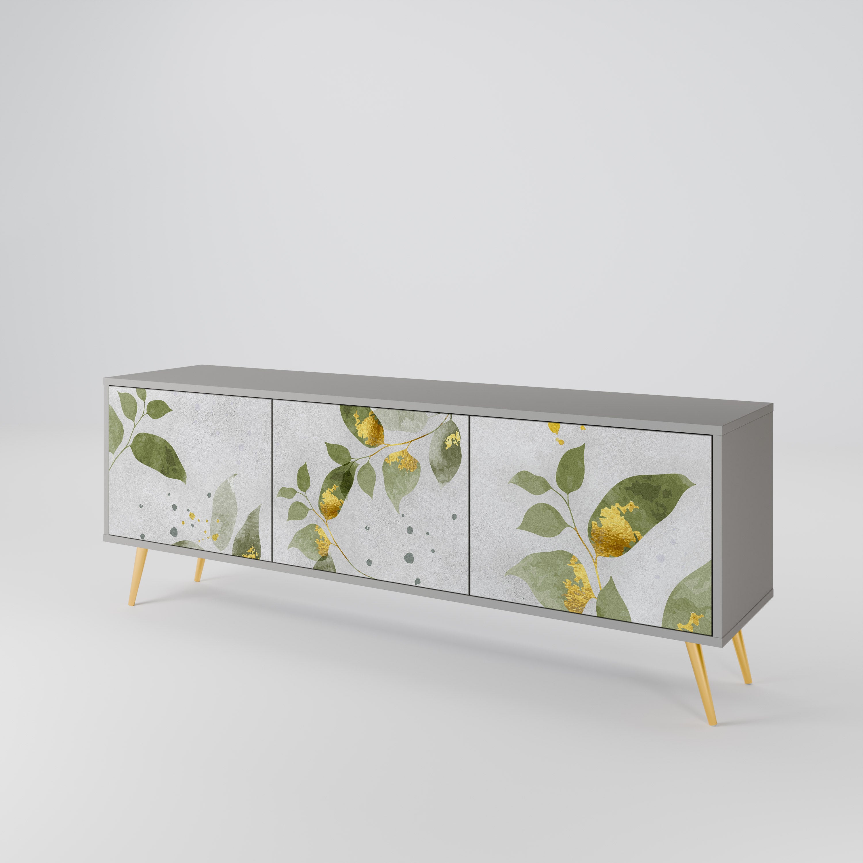 Elegante mueble de TV de 3 puertas BOTANICS en acabado gris