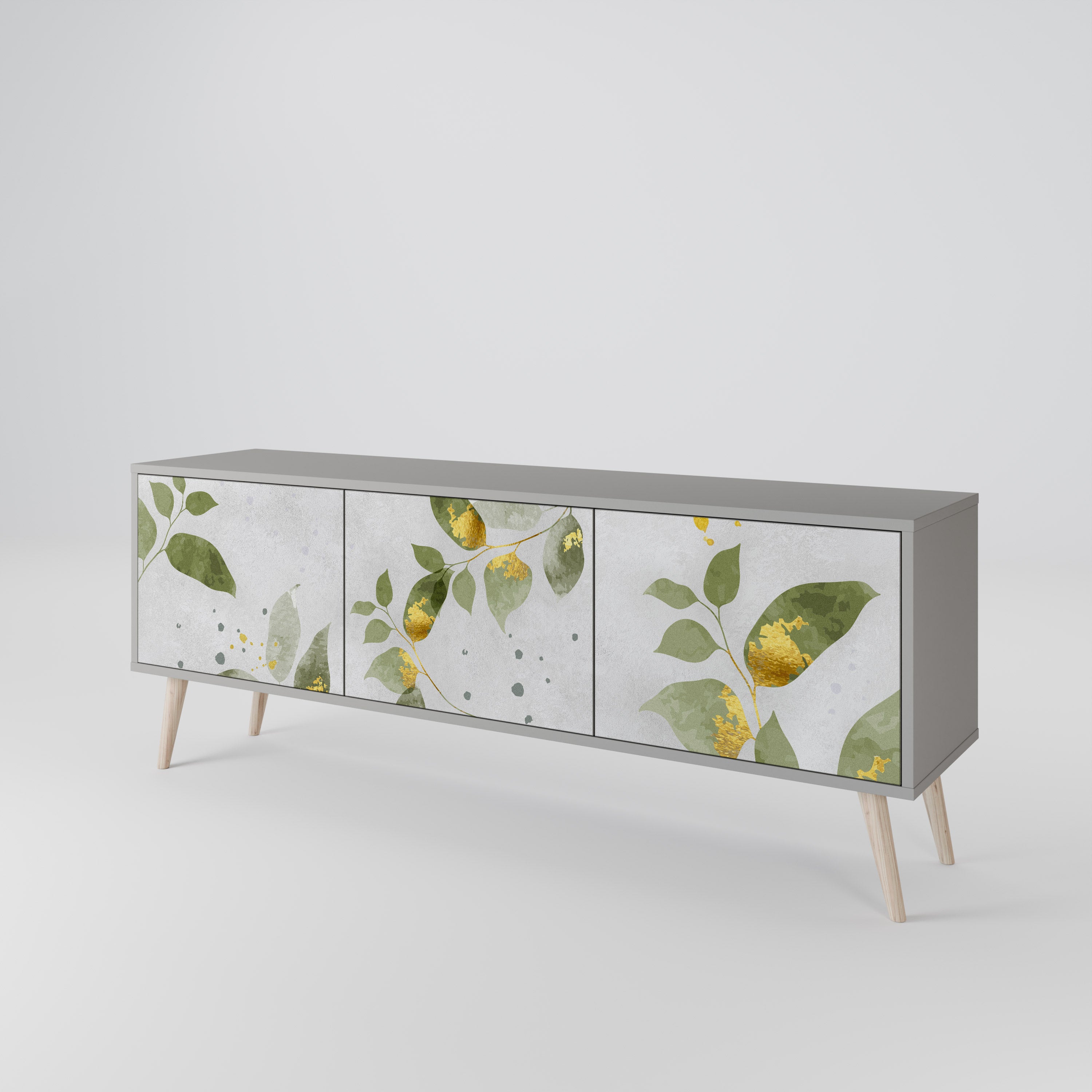 Elegante mueble de TV de 3 puertas BOTANICS en acabado gris