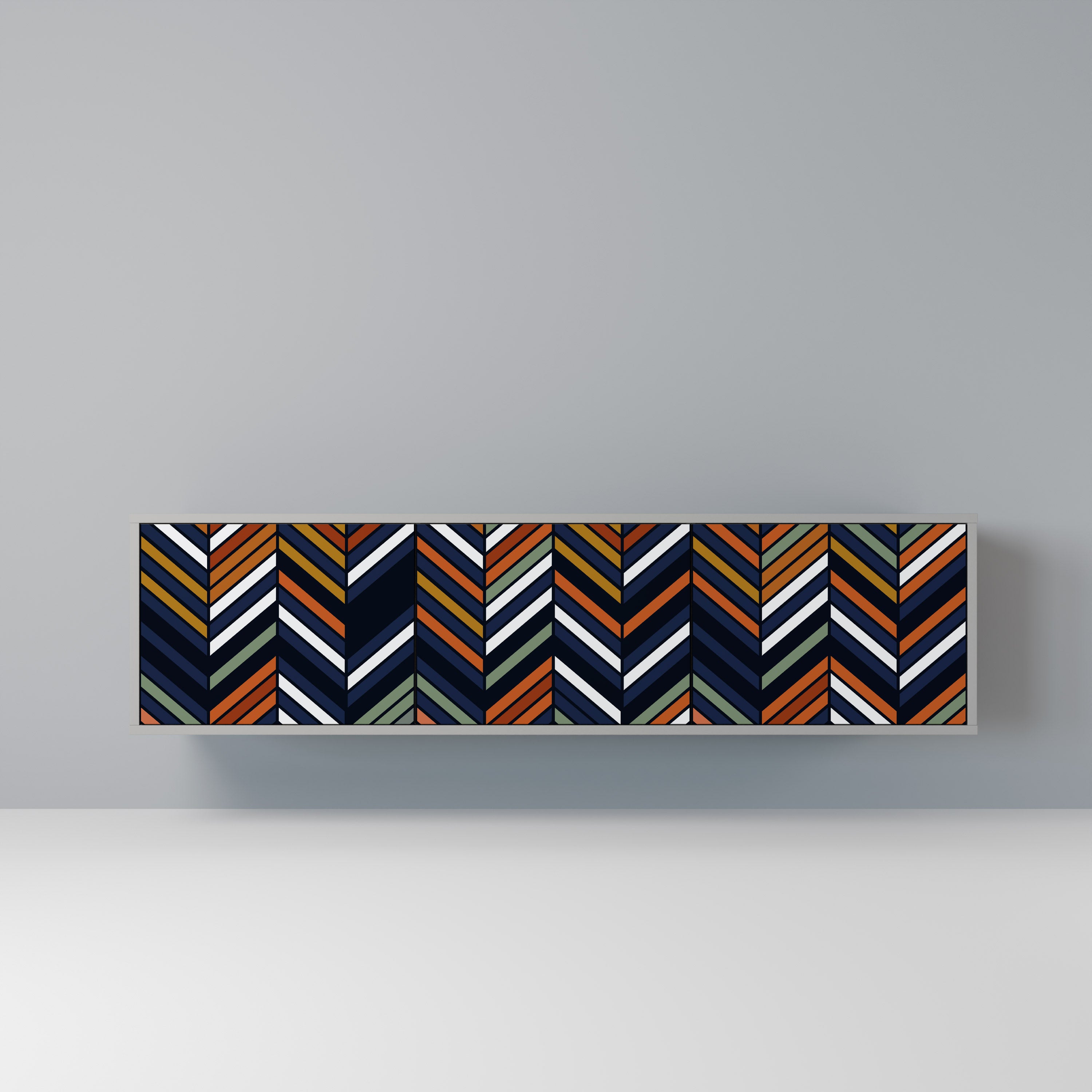 Mueble de TV de 3 puertas con diseño de patchwork vibrante en acabado gris