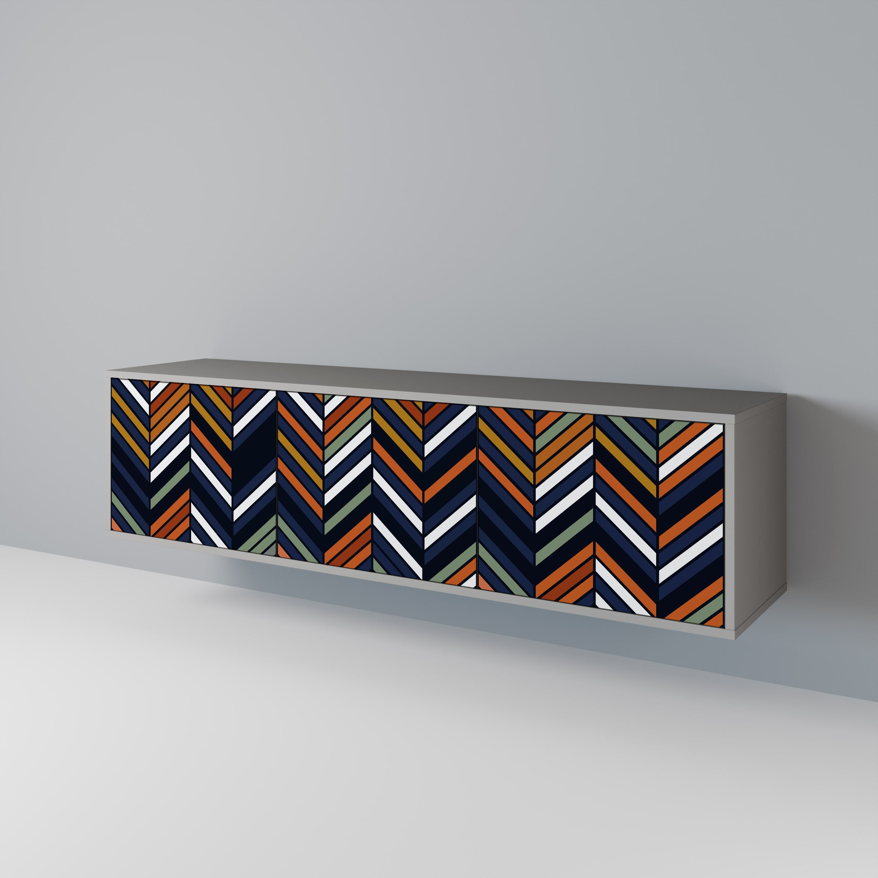 Mueble de TV de 3 puertas con diseño de patchwork vibrante en acabado gris