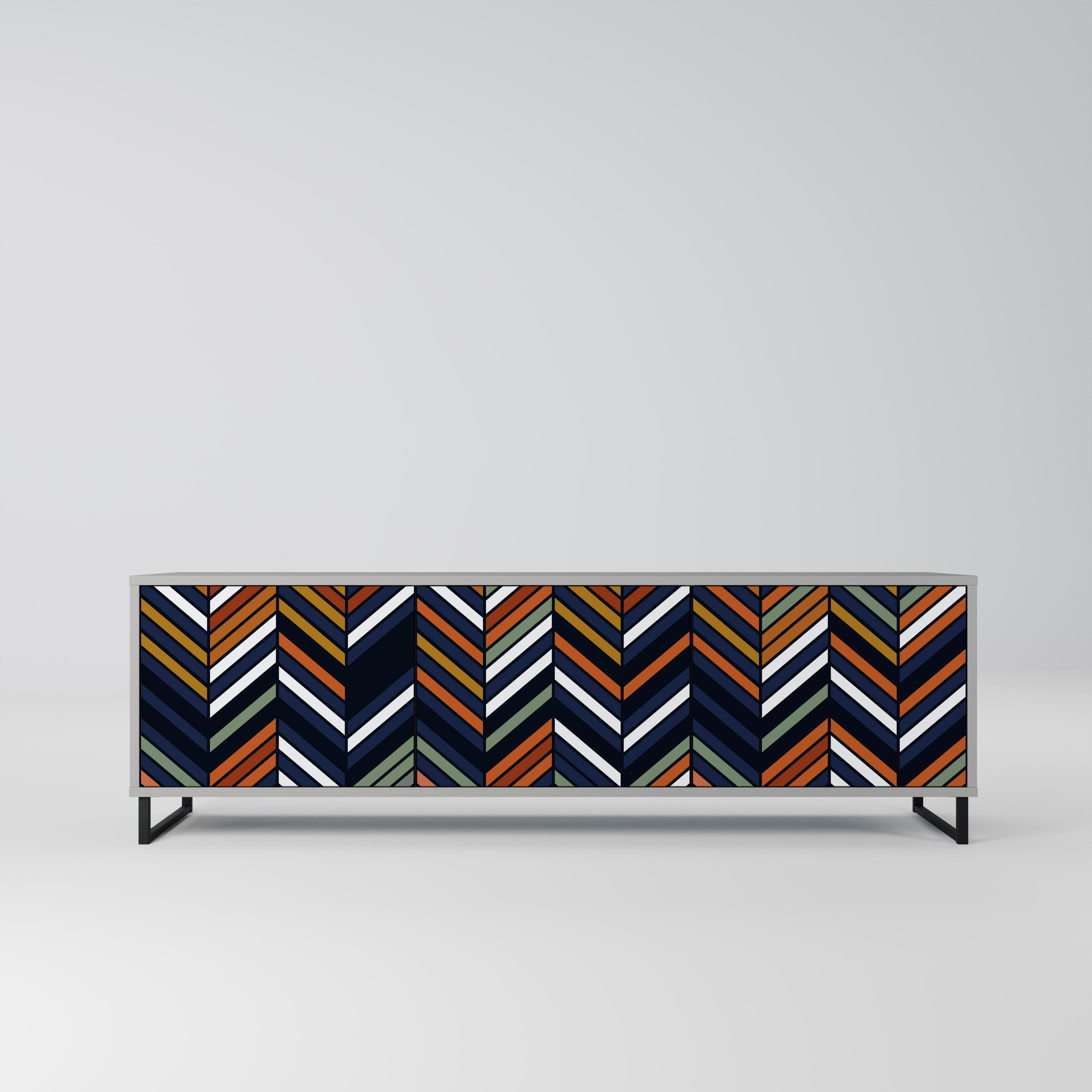 Mueble de TV de 3 puertas con diseño de patchwork vibrante en acabado gris