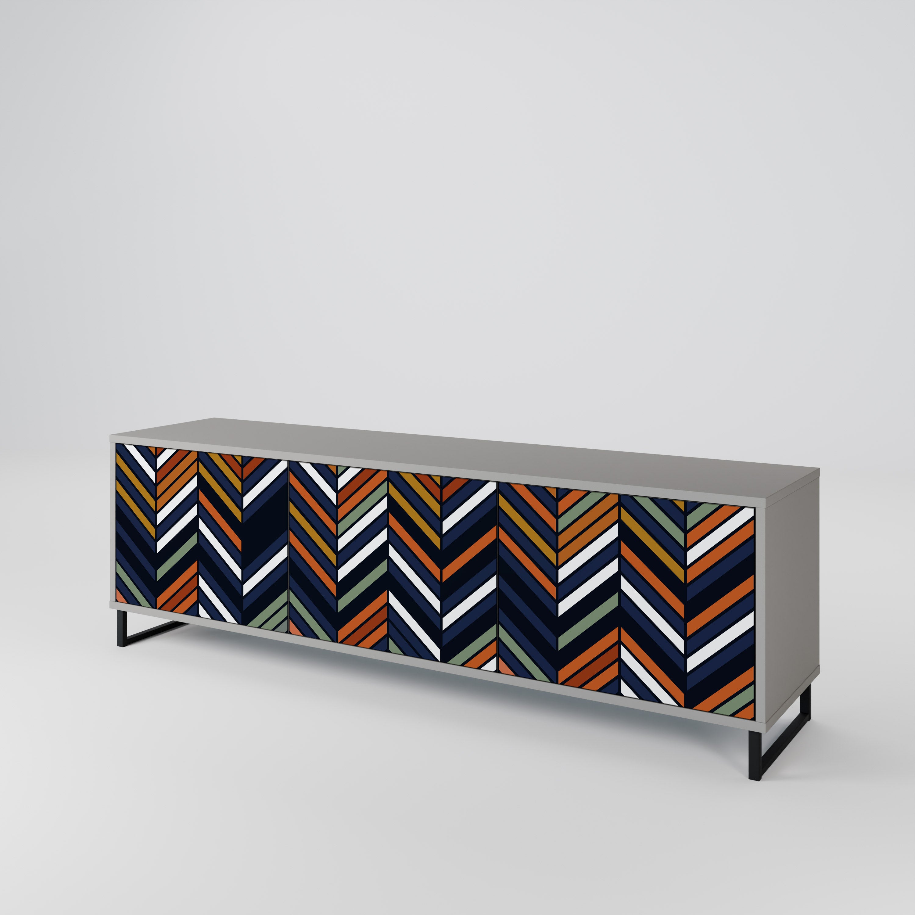 Mueble de TV de 3 puertas con diseño de patchwork vibrante en acabado gris