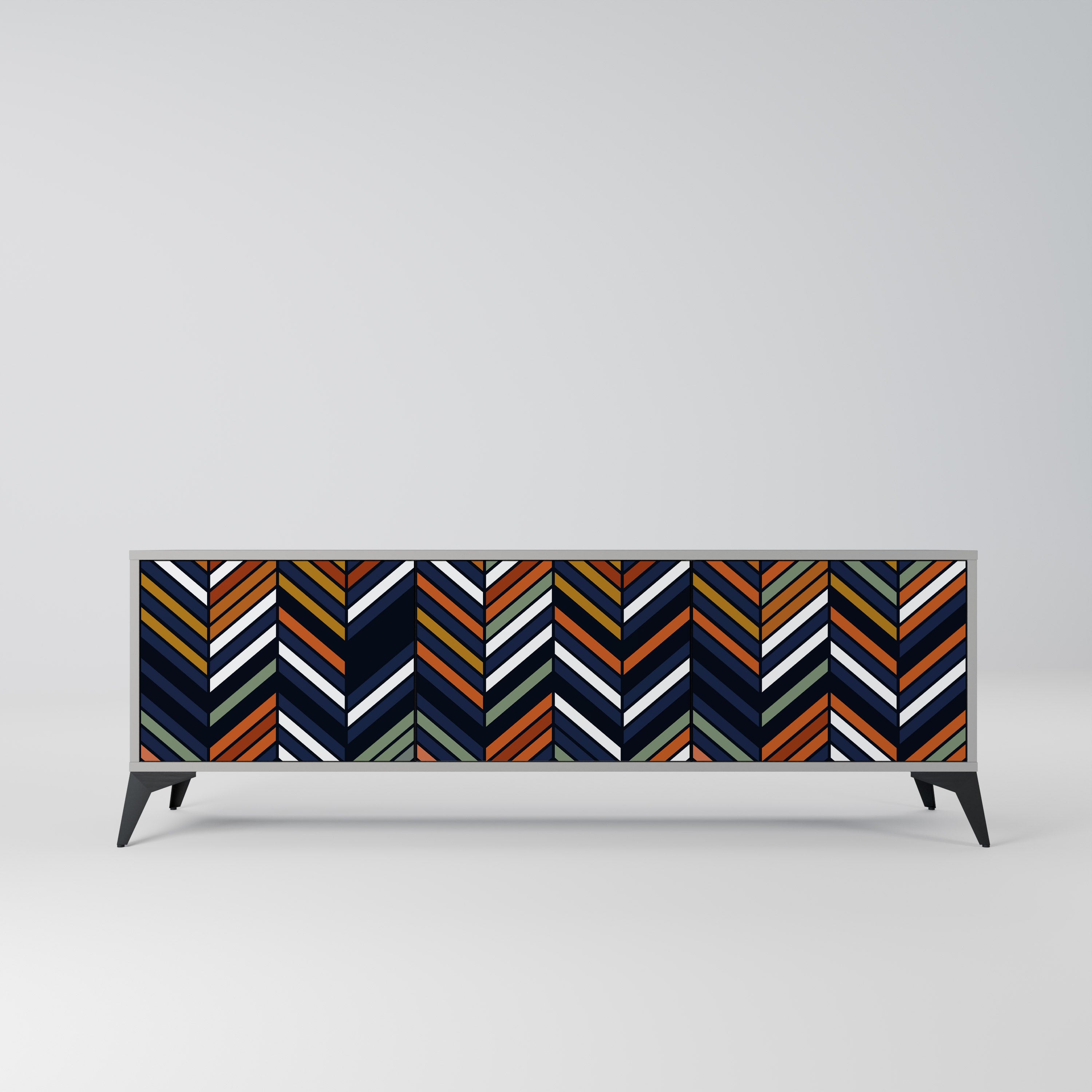 Mueble de TV de 3 puertas con diseño de patchwork vibrante en acabado gris