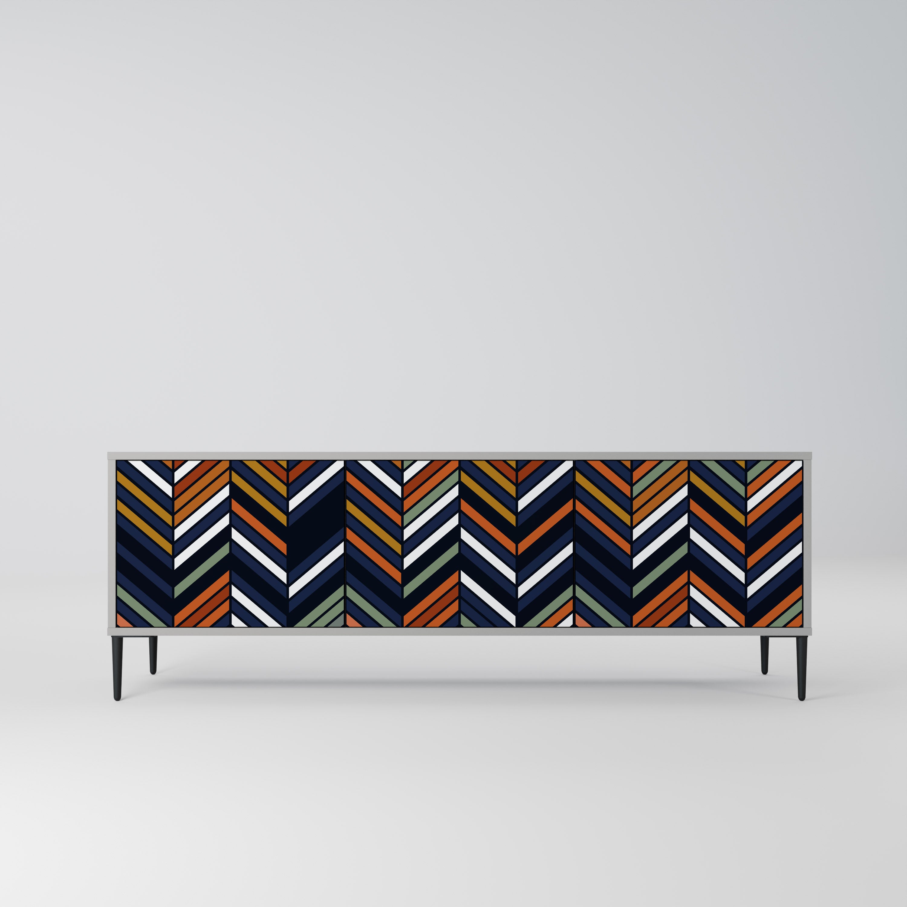 Mueble de TV de 3 puertas con diseño de patchwork vibrante en acabado gris